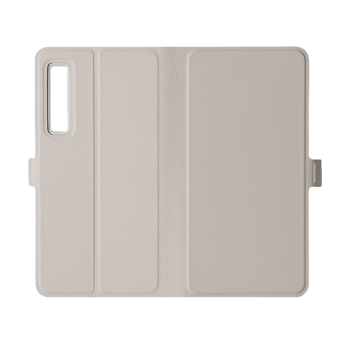 Una custodia per telefono beige chiaro con un foro rettangolare per la fotocamera e un pulsante laterale.