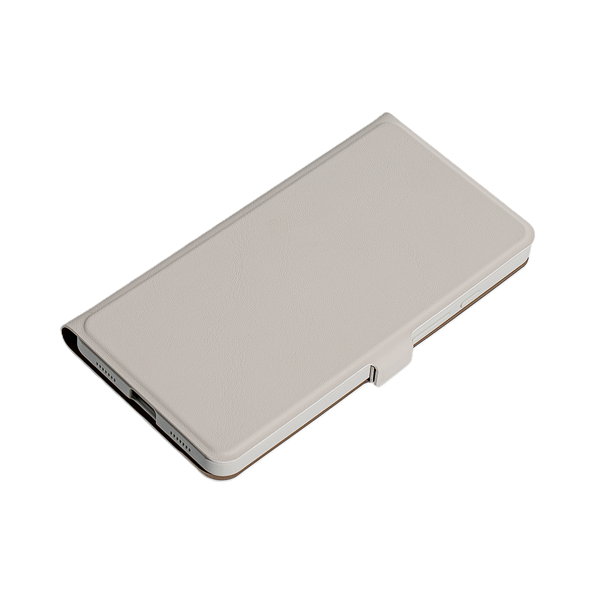 Custodia per telefono grigio chiaro, chiusa. Mostra la parte anteriore con una chiusura magnetica.