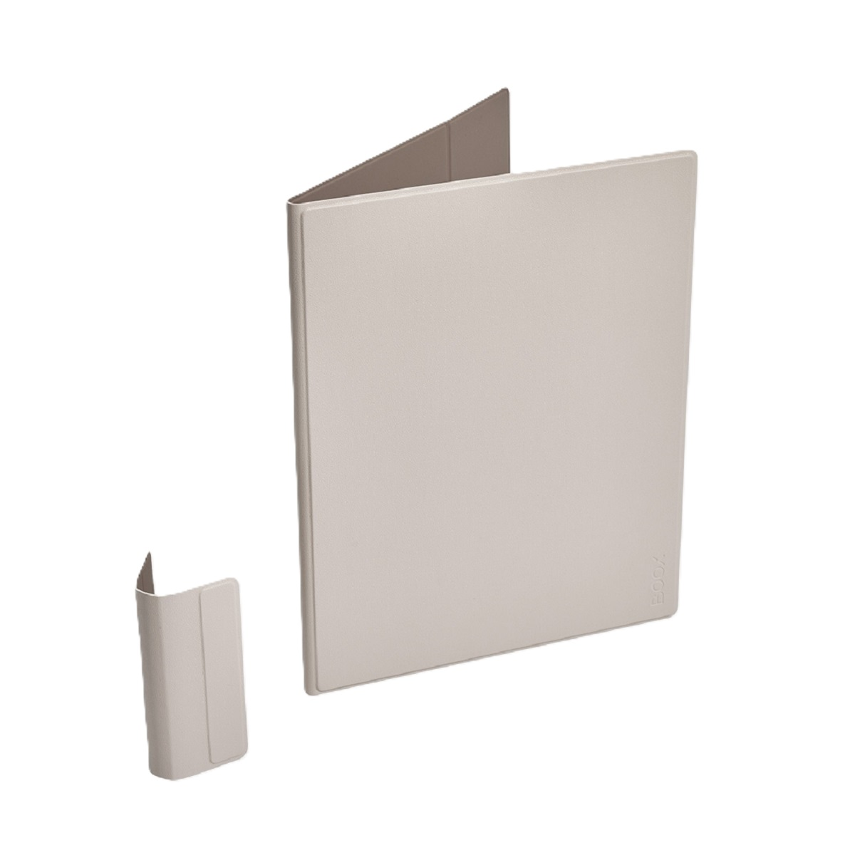 Raccoglitore beige chiaro con una copertina staccata, entrambi rettangolari con angoli arrotondati.