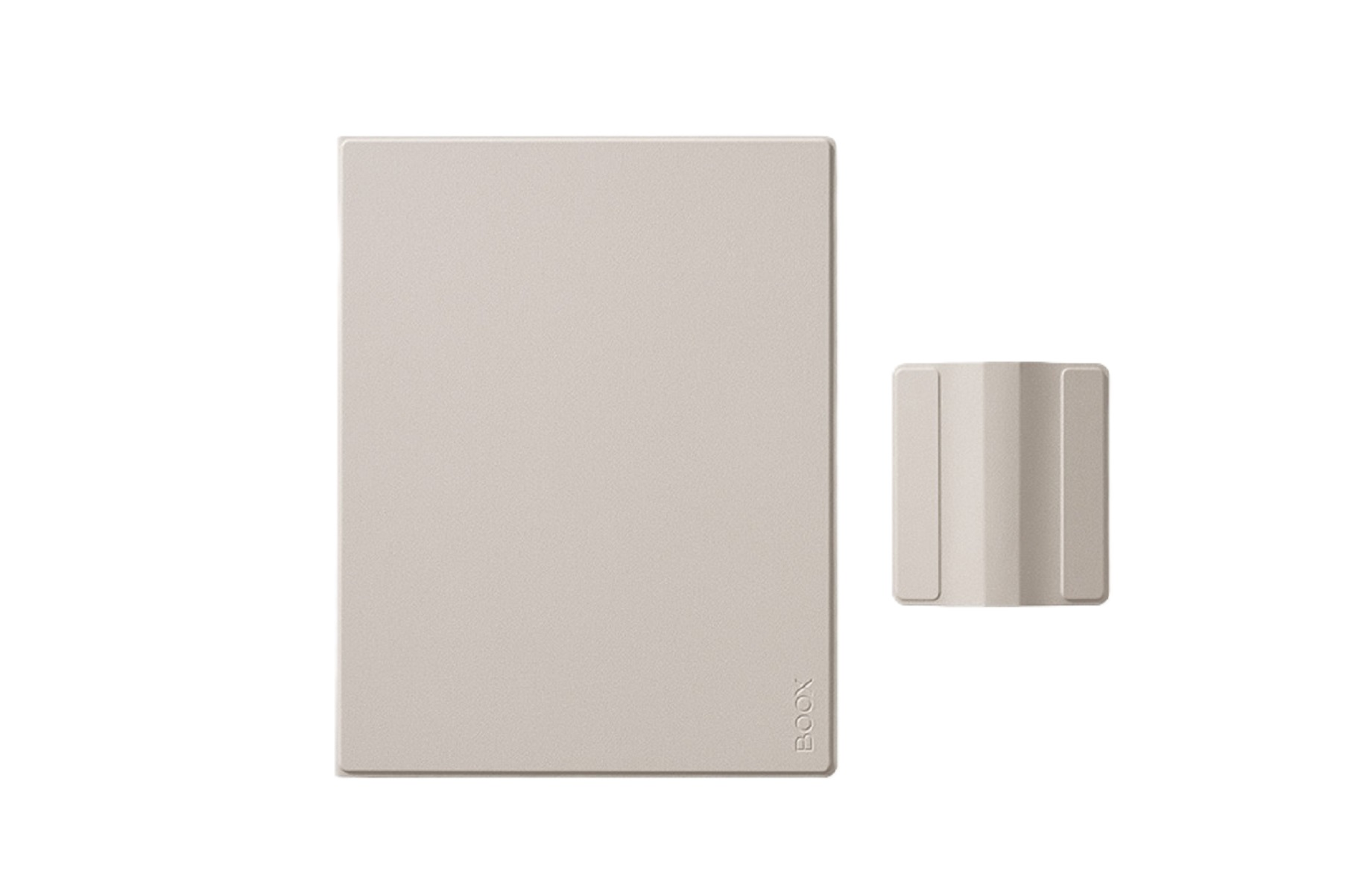 Un tablet beige chiaro con un supporto abbinato, su sfondo bianco.