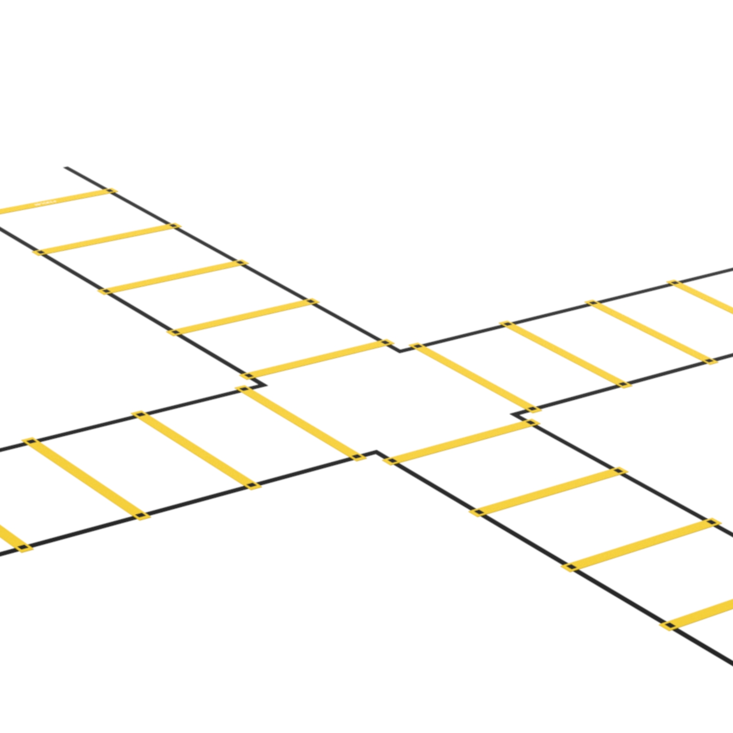 Geel en zwarte agility ladder uitgespreid op een witte ondergrond in een kruisvorm.
