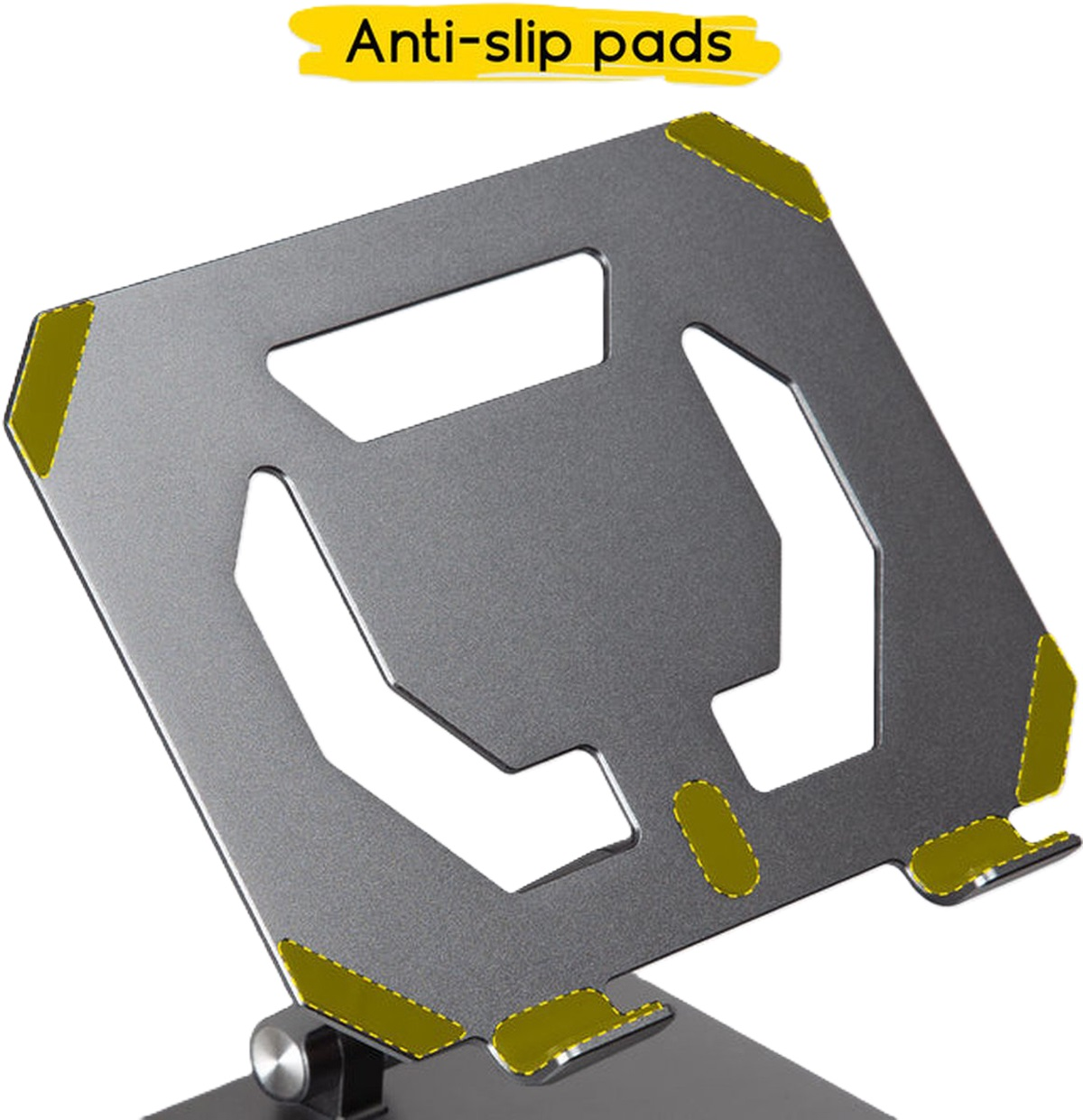 Un supporto per laptop grigio con cuscinetti antiscivolo gialli.