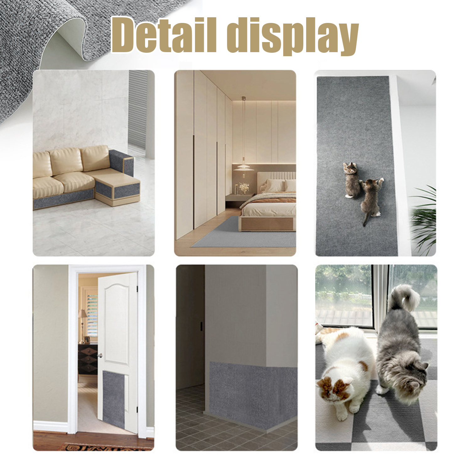 Collage de materiales a prueba de arañazos para gatos en varios entornos, incluyendo muebles y paredes, con gatos.