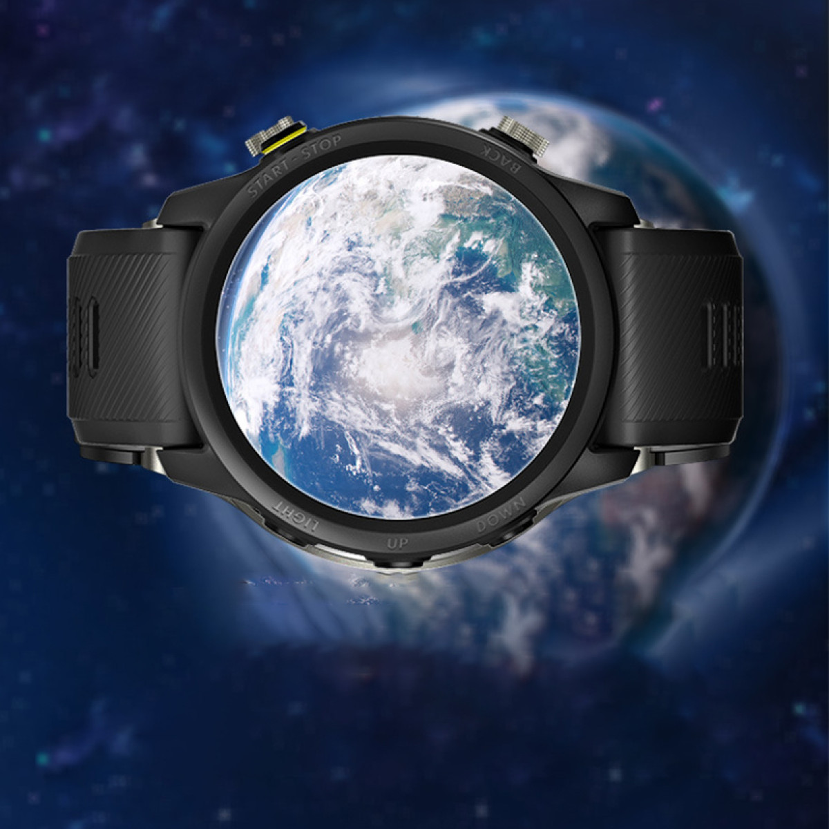 Czarny smartwatch z wyświetlaczem pokazującym Ziemię na ciemnoniebieskim tle.