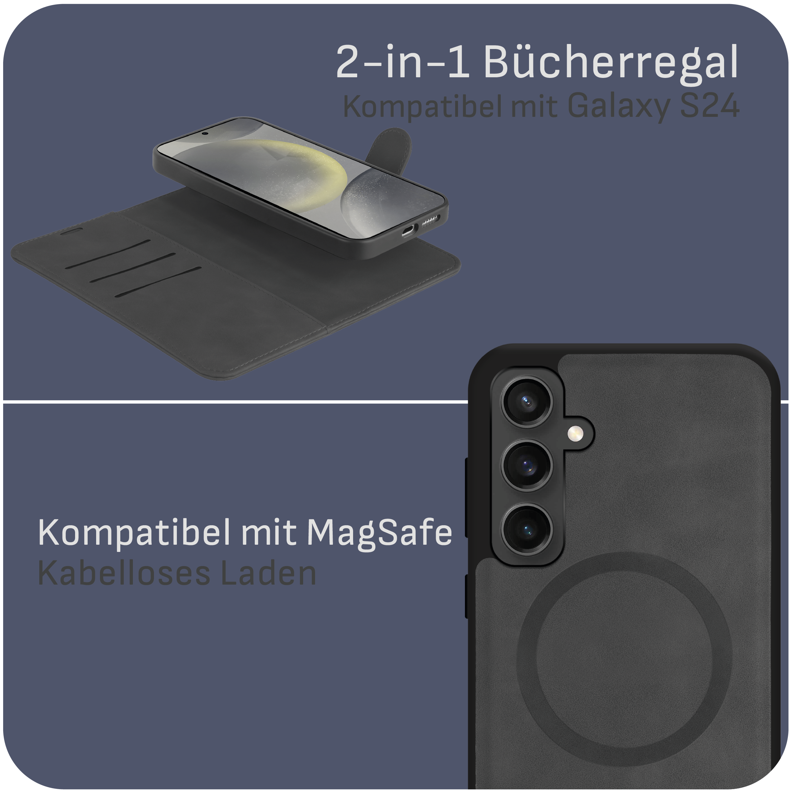 Zwei schwarze Handyhüllen, oben mit einem Telefon. Die untere Hülle hat einen Kreis.