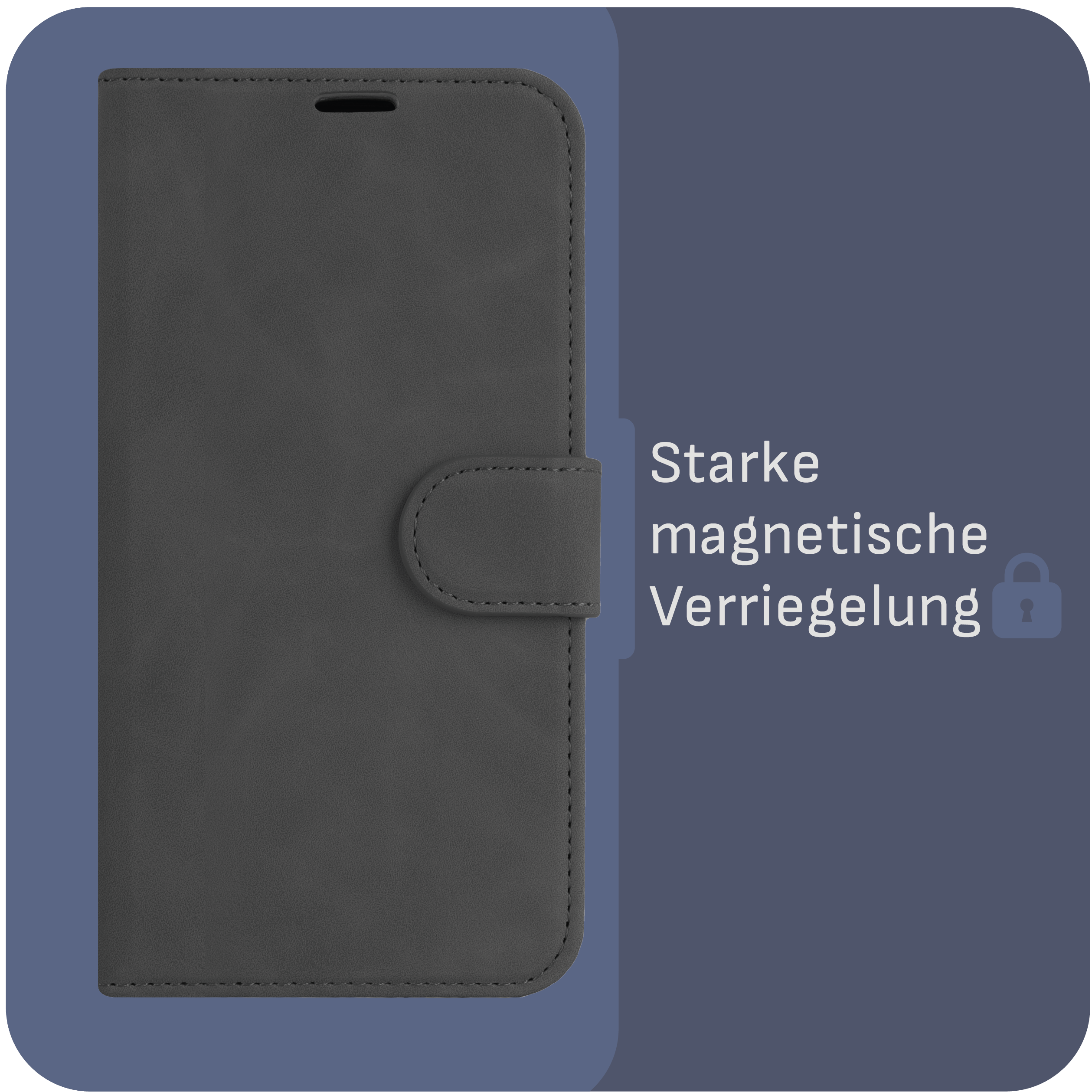 Schwarze Handyhülle mit Magnetverschluss und Text: Starker Magnetverschluss, auf blauem Hintergrund.