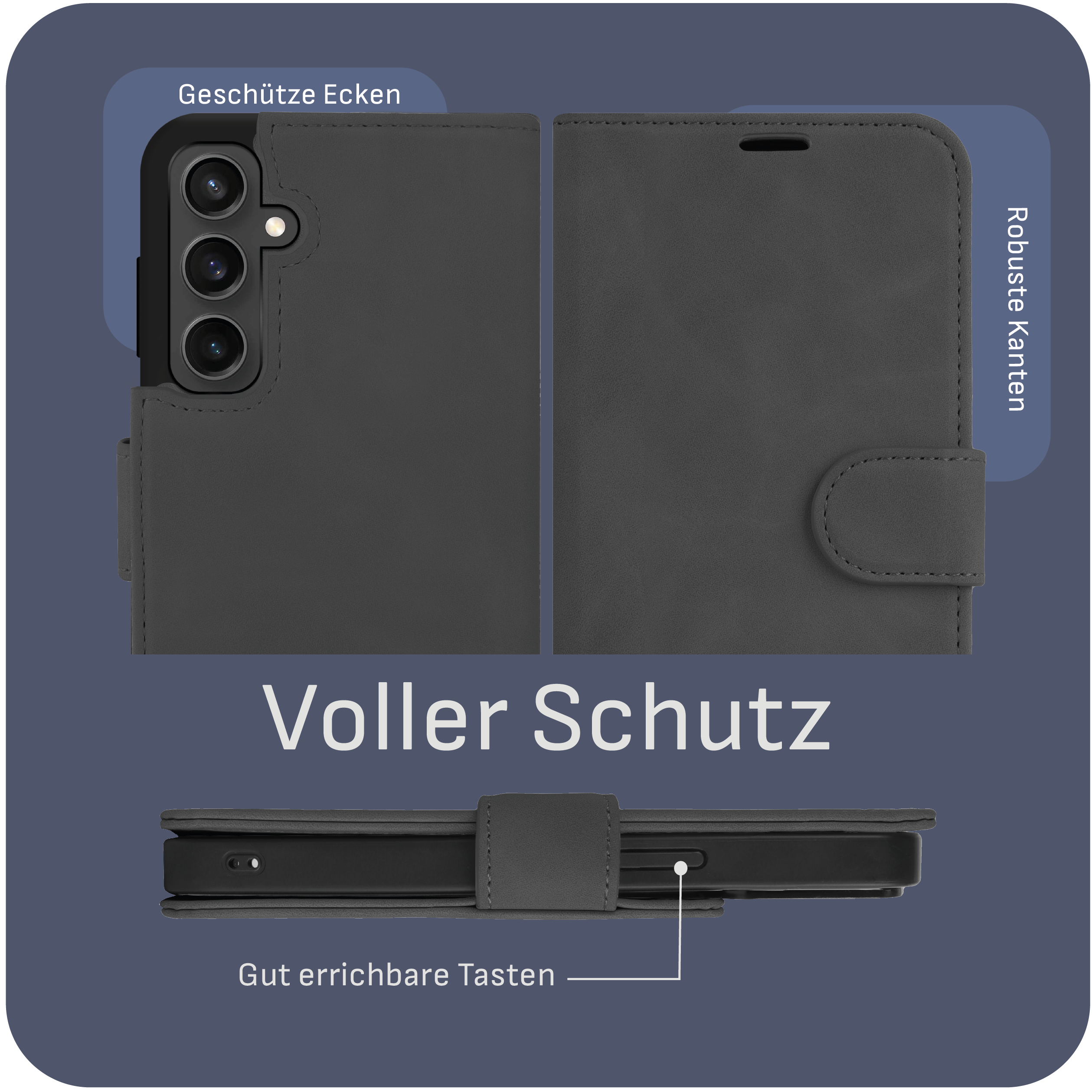 Eine schwarze Handyhülle. Sie hat einen Magnetverschluss und schützt das Telefon mit verstärkten Kanten.