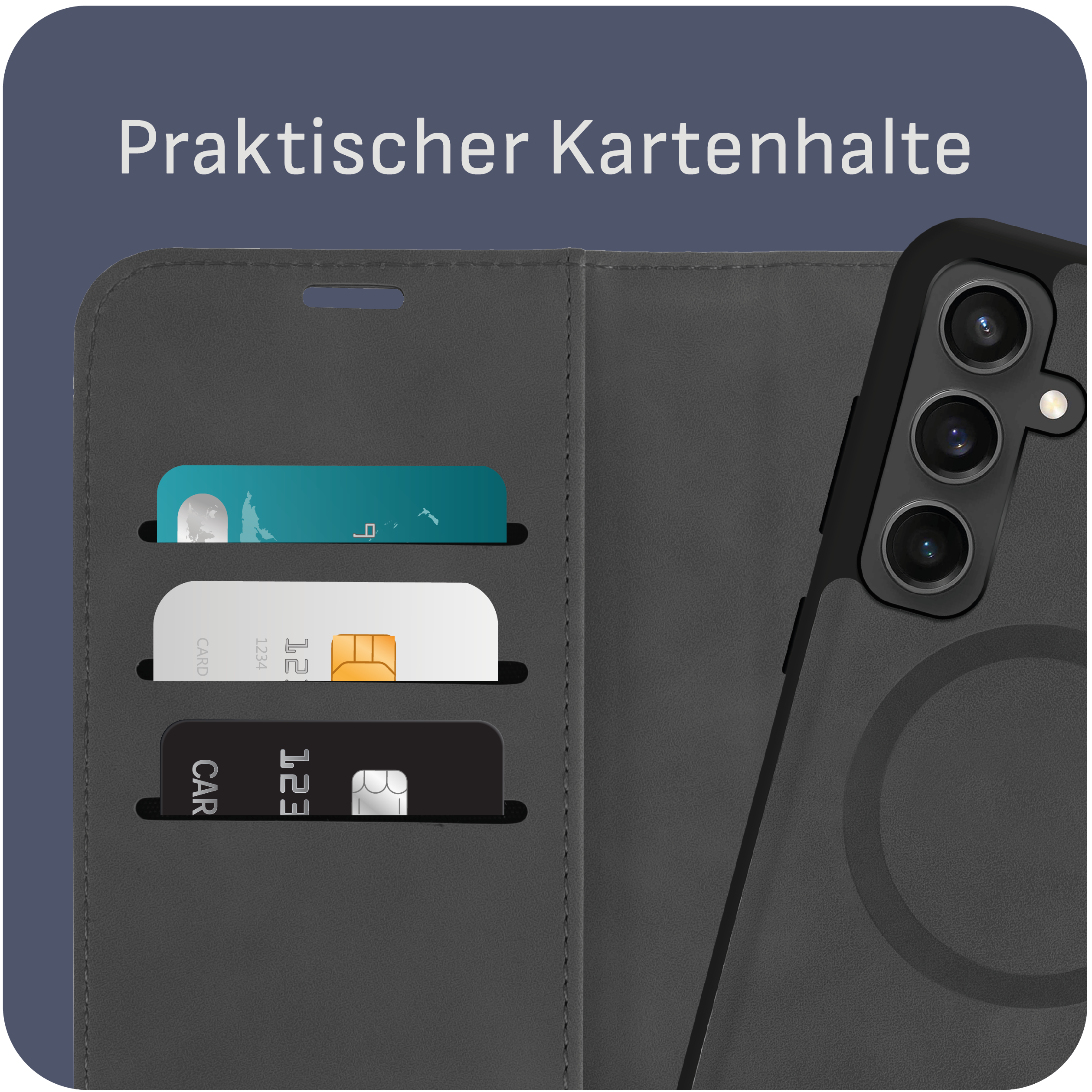 Geldbörsen-Handyhülle mit Kartenfächern. Drei Karten sind sichtbar. Graues Gehäuse mit schwarzem Innenraum.