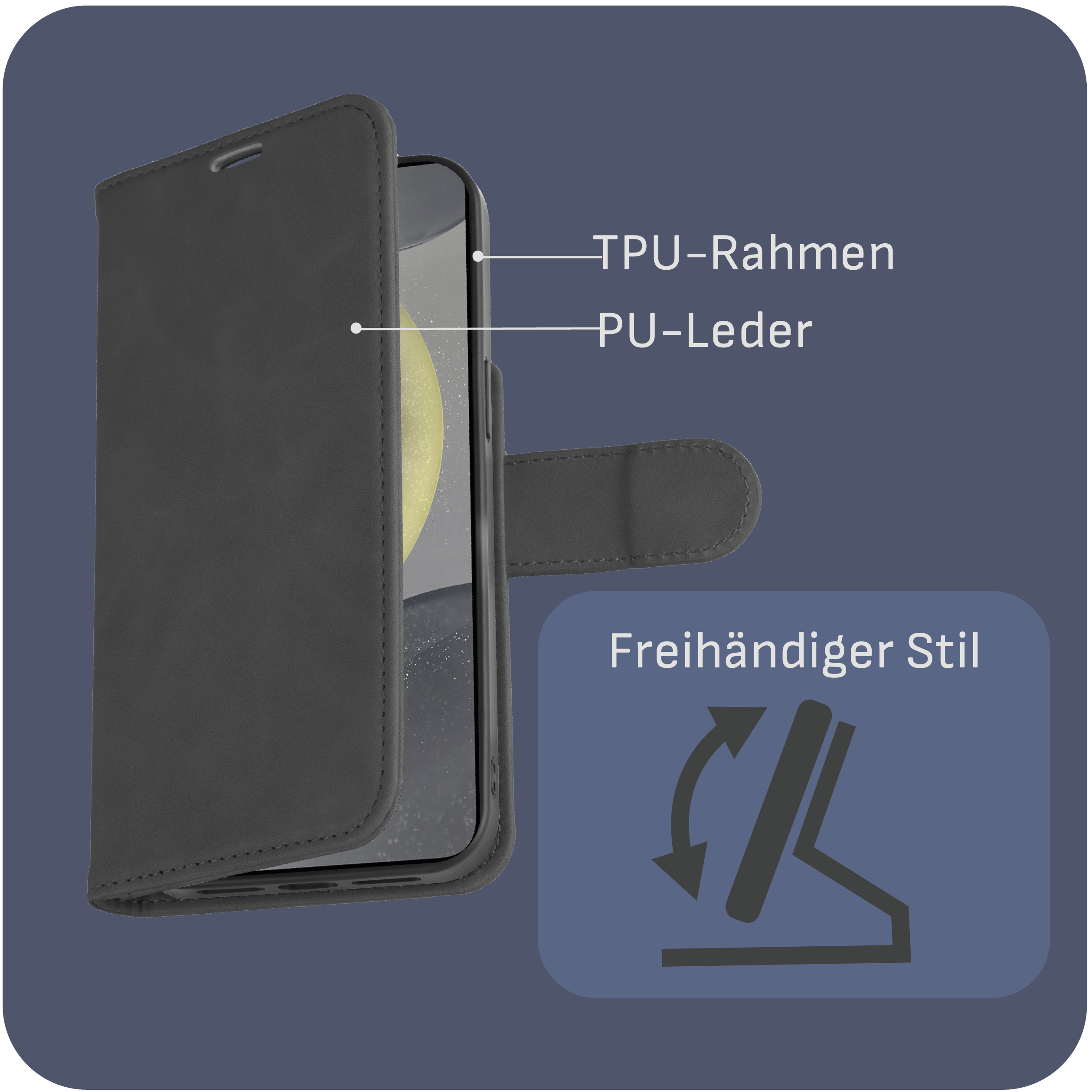 Telefonhülle: schwarze Hülle mit einem Telefon darin. Die Hülle ist offen und zeigt den Bildschirm.