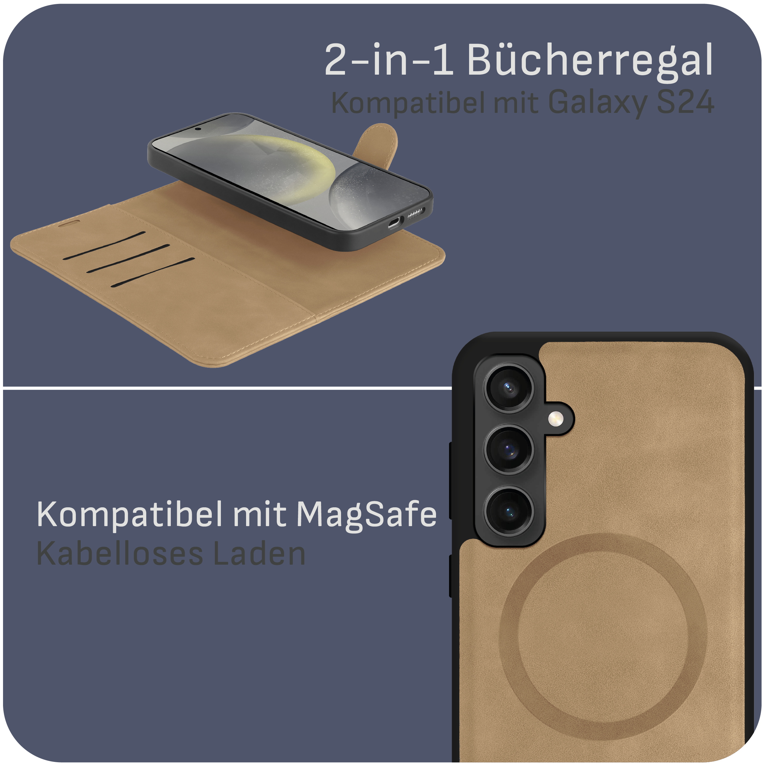 Eine Handyhülle mit einem Telefon. Text: '2-in-1 Bücherregal'. Auch MagSafe-kompatibel.