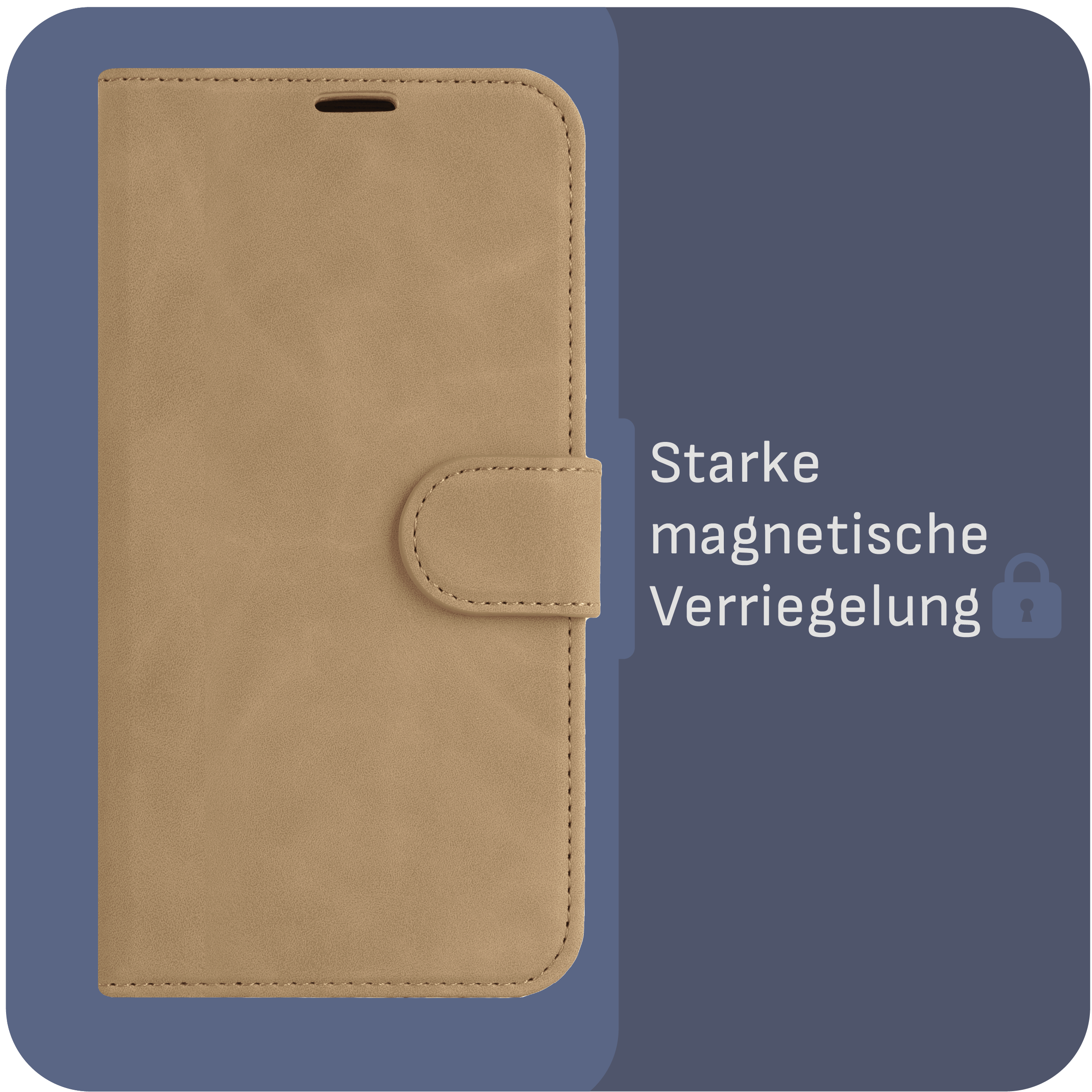 Beige Handyhülle mit Magnetverschluss. Brauner Hintergrund mit Schloss-Symbol.