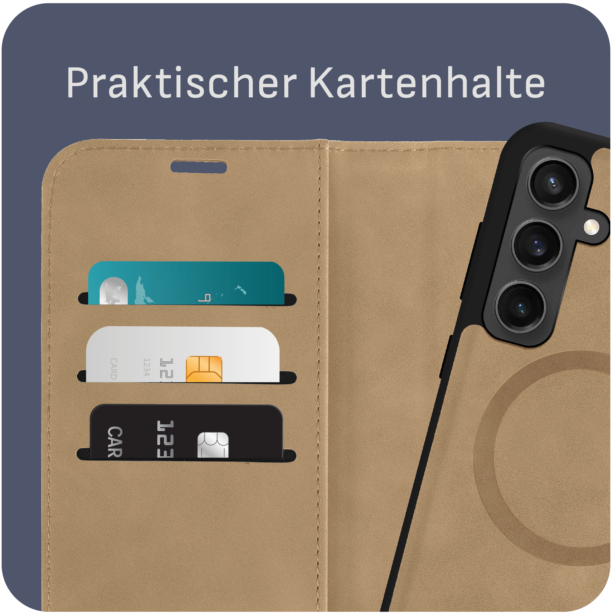 Eine Leder-Handyhülle mit Kartenfächern, die drei Karten hält. Merkmale: schwarzes Telefon.