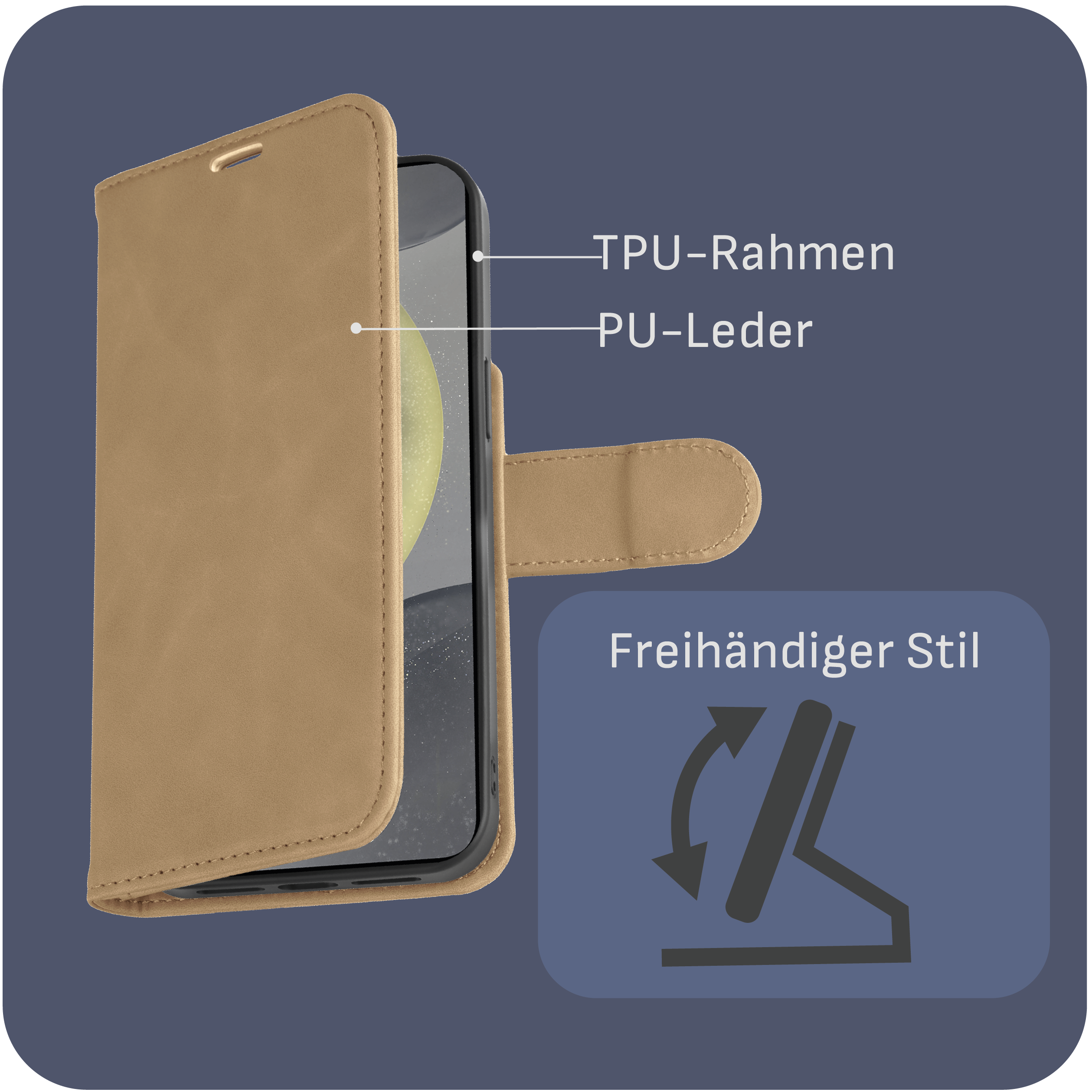Hellbraune Handyhülle mit TPU-Rahmen und PU-Leder, im freistehenden Stil.