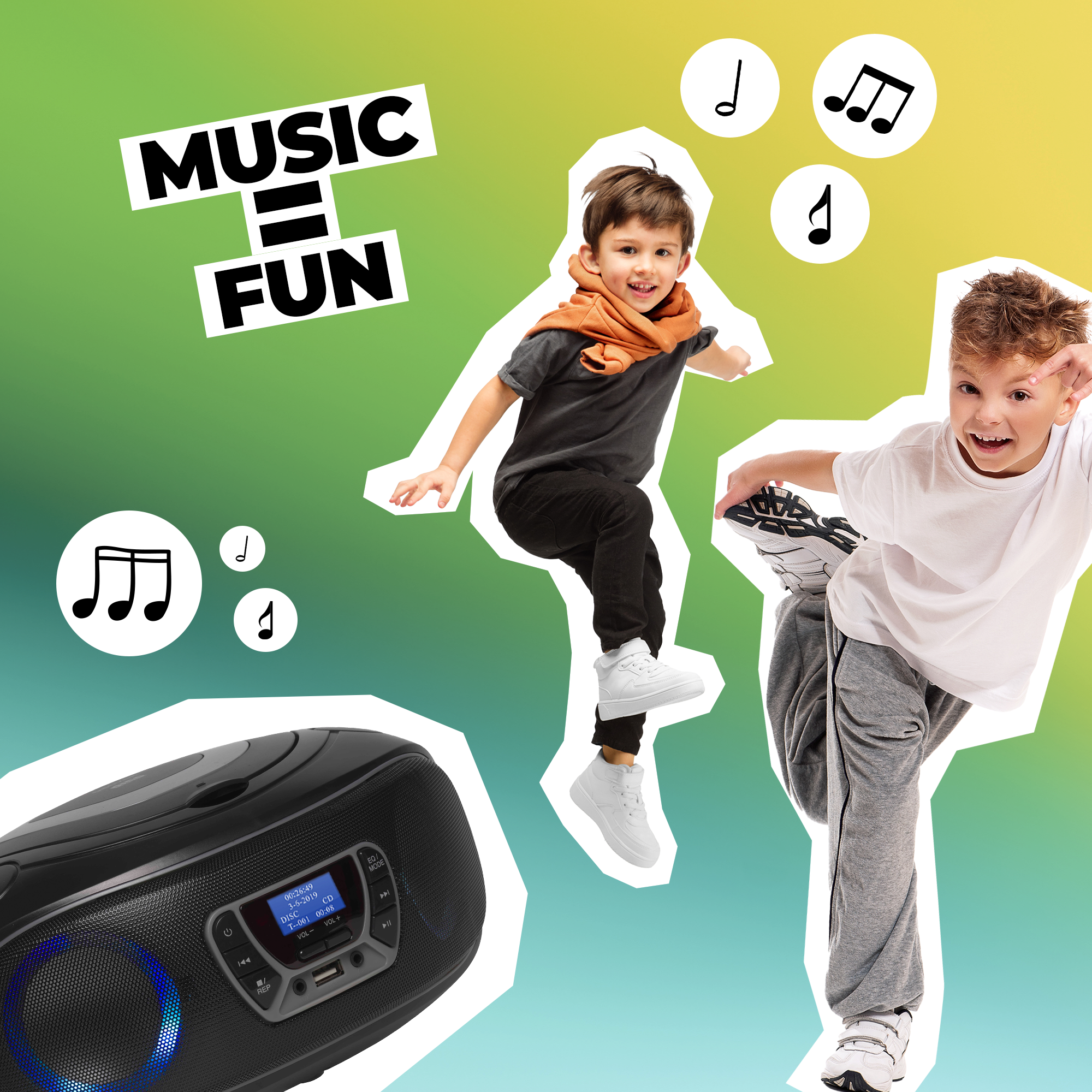 Deux garçons sautent près d'un boombox avec des icônes de notes de musique. Le texte dit 'MUSIC = FUN'.