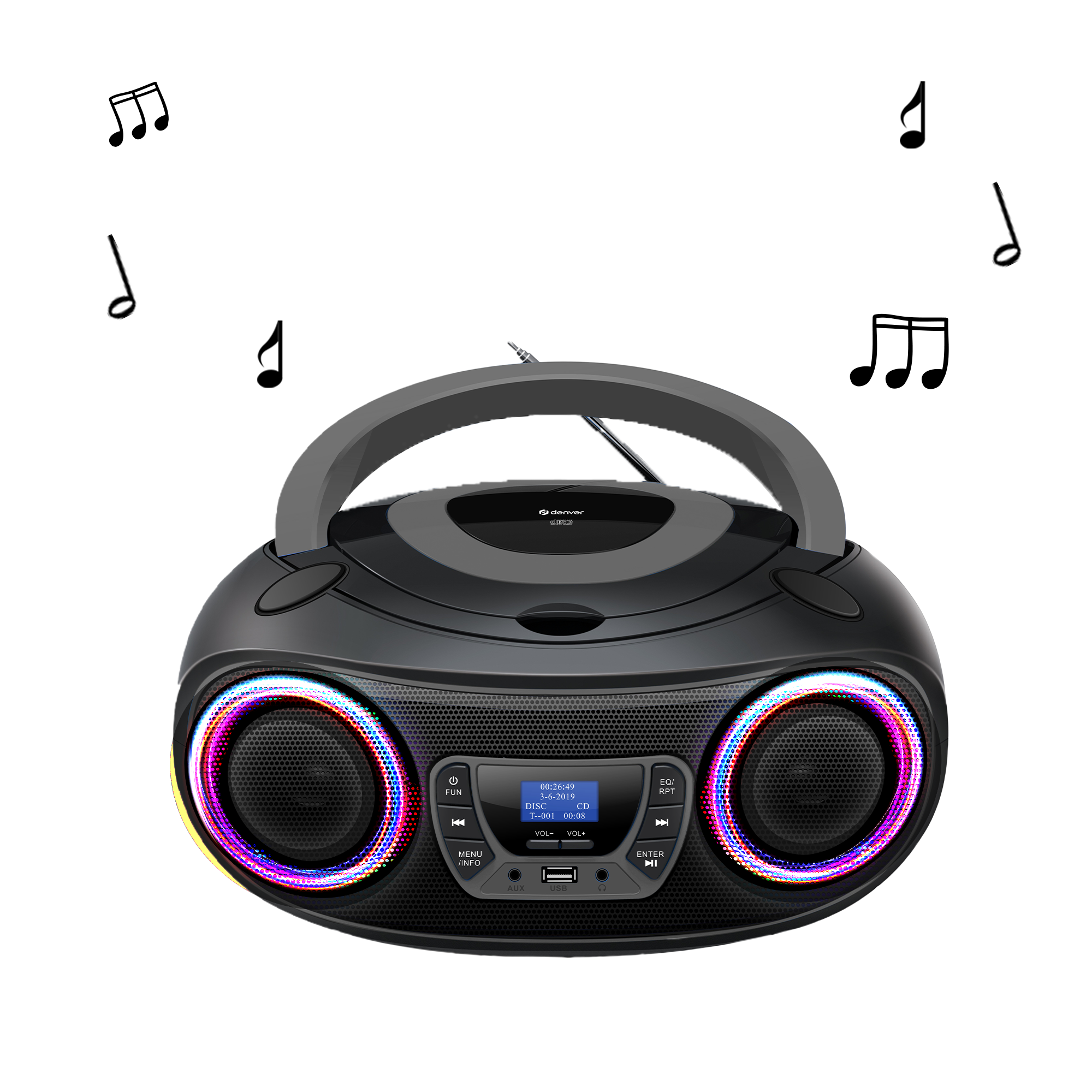 Boombox noire avec lumières colorées autour des haut-parleurs, avec des notes de musique.