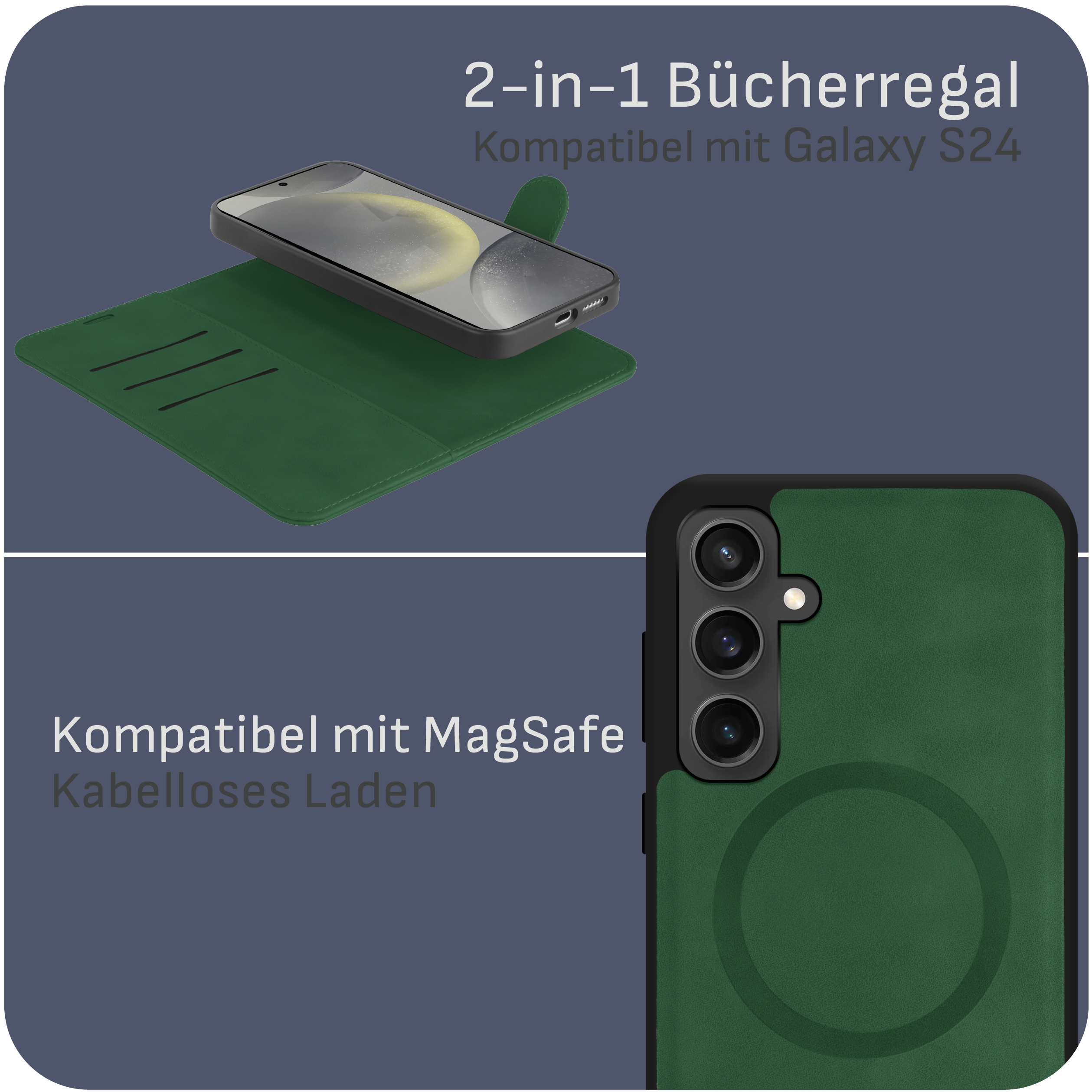 Eine grüne Handyhülle mit Telefon und Text über Kompatibilität.