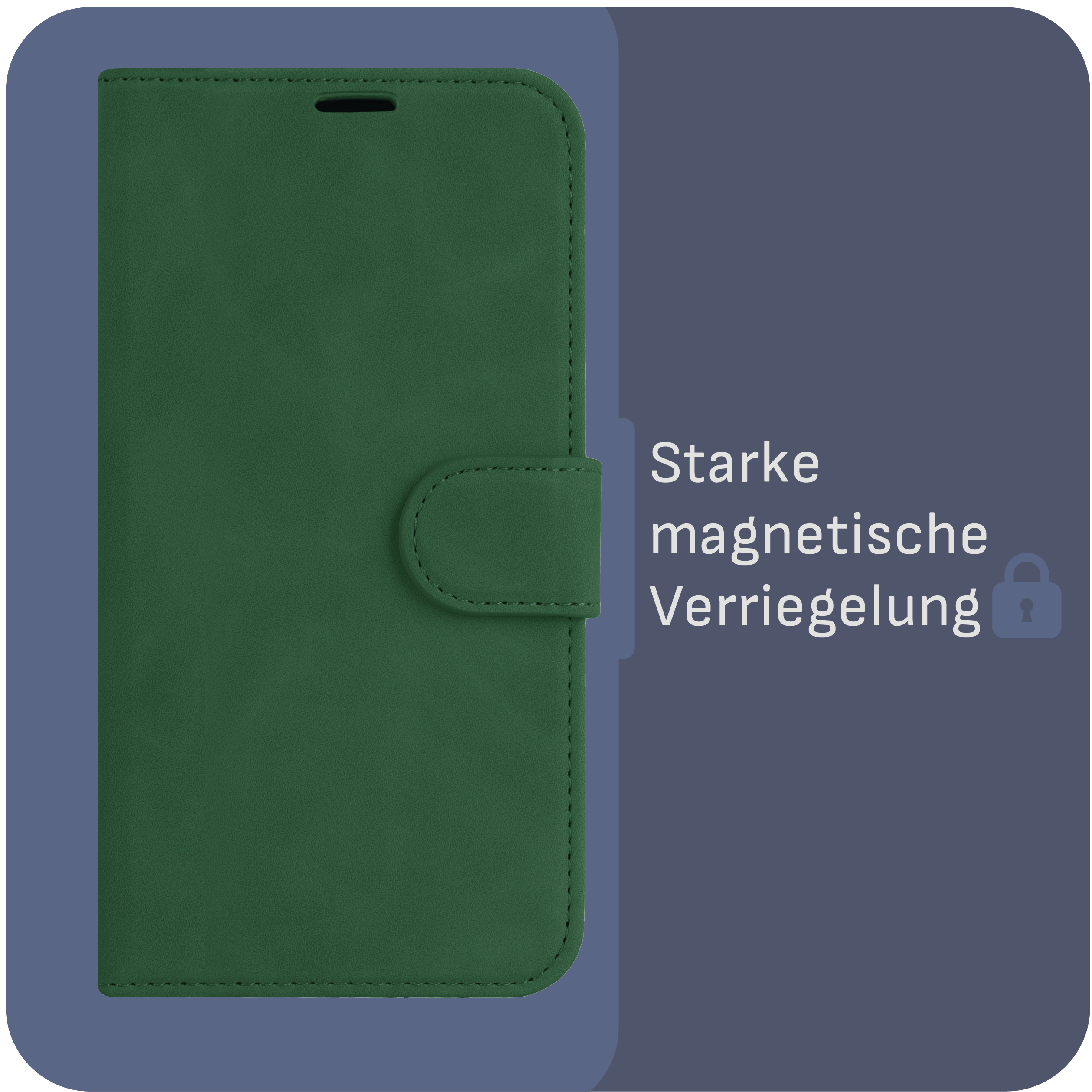 Grüne Handyhülle. Sie hat eine Klappe mit Knopfverschluss. Der Hintergrund ist dunkelblau.