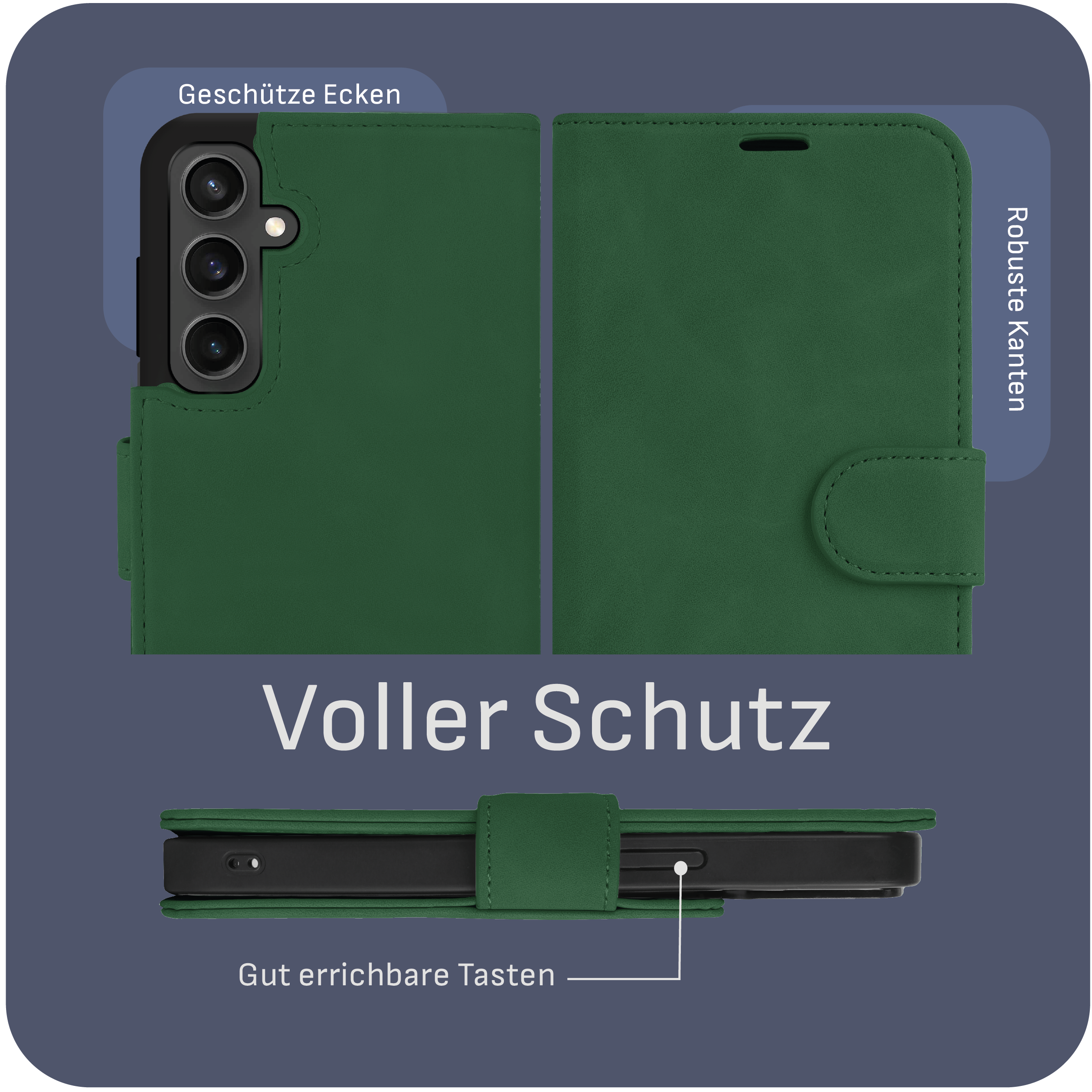Grüne Handyhülle, Ansichten von vorne, Seite und oben. Text: Voller Schutz, Schutzecken, Robuste Kanten.