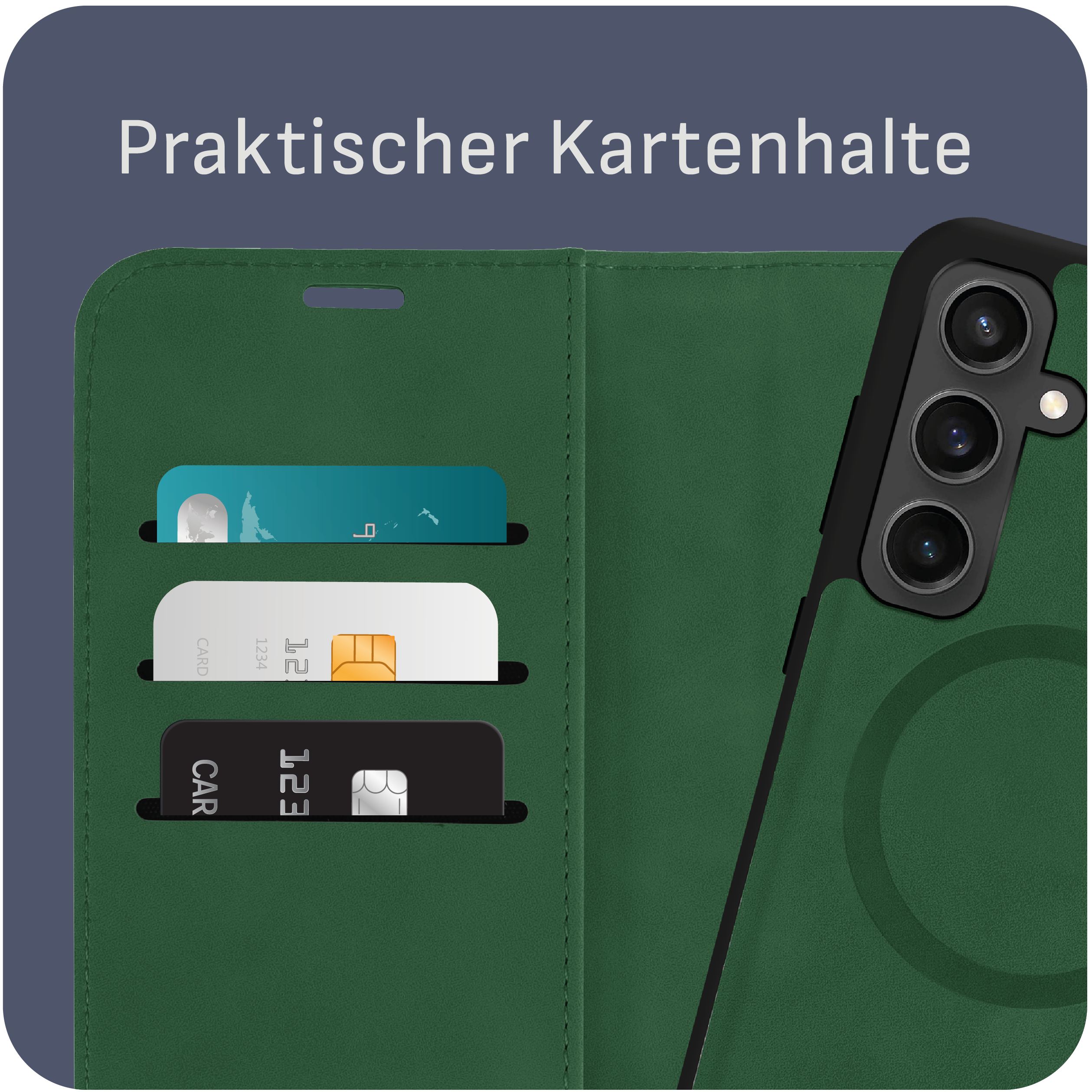 Grüne Handyhülle mit Karten in den Schlitzen. Karten mit Zahlen und Text sichtbar.