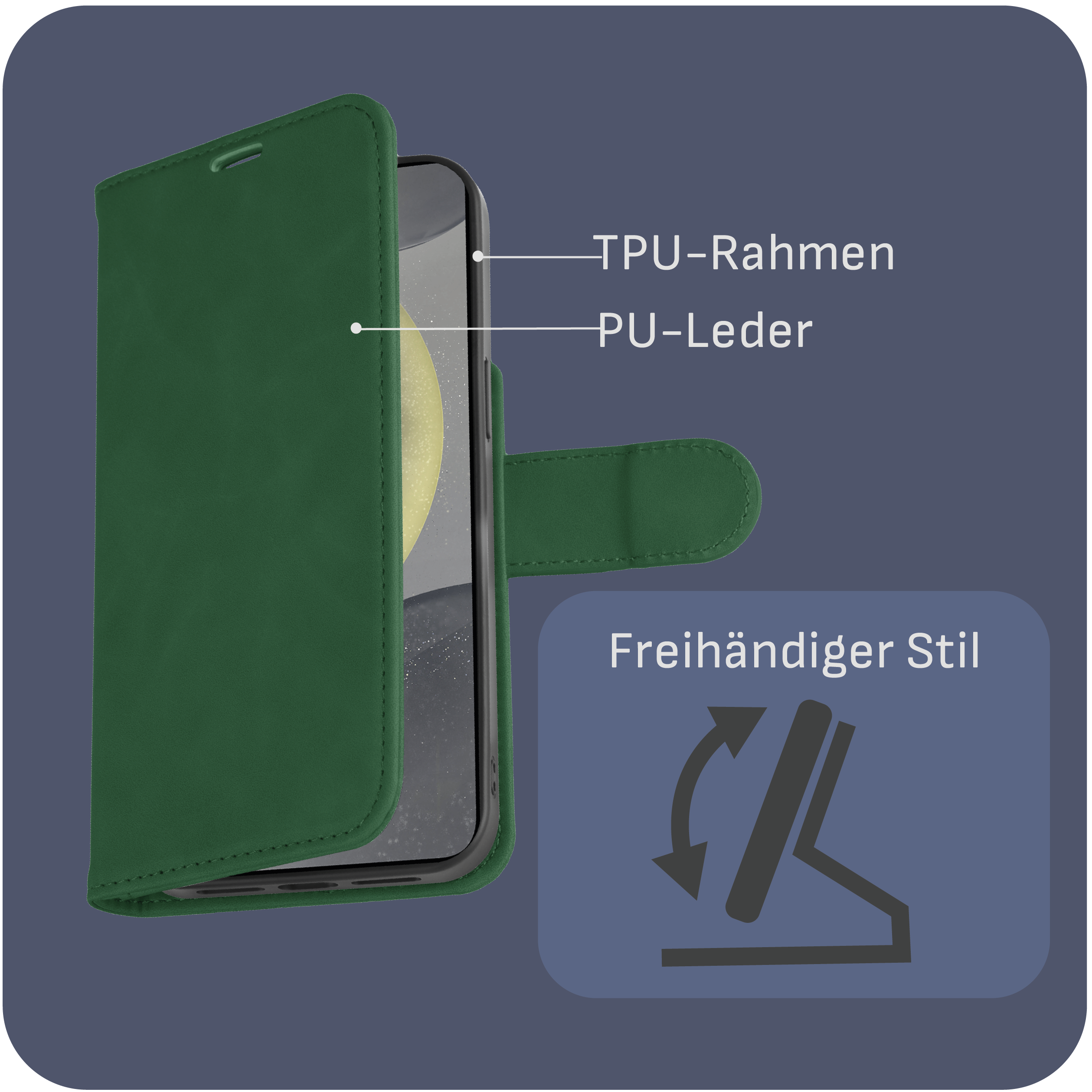 Grüne Handyhülle mit Telefon darin. Das Telefon wird mit ausgeschaltetem Bildschirm auf dunklem Hintergrund gezeigt.
