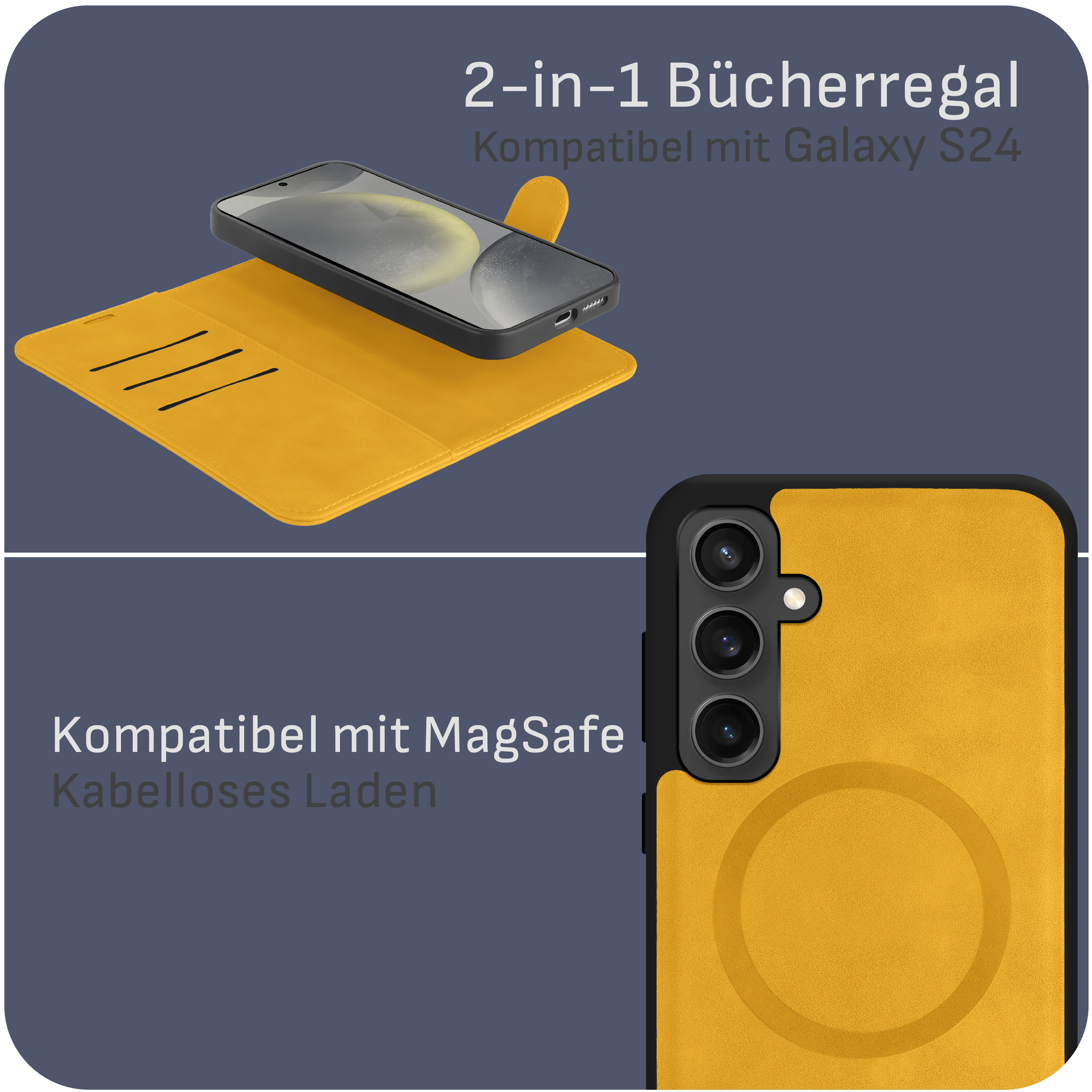 Zwei Handyhüllen, eine offen mit Telefon darin. Gelbe und schwarze Hülle, mit gelbem Hintergrund.