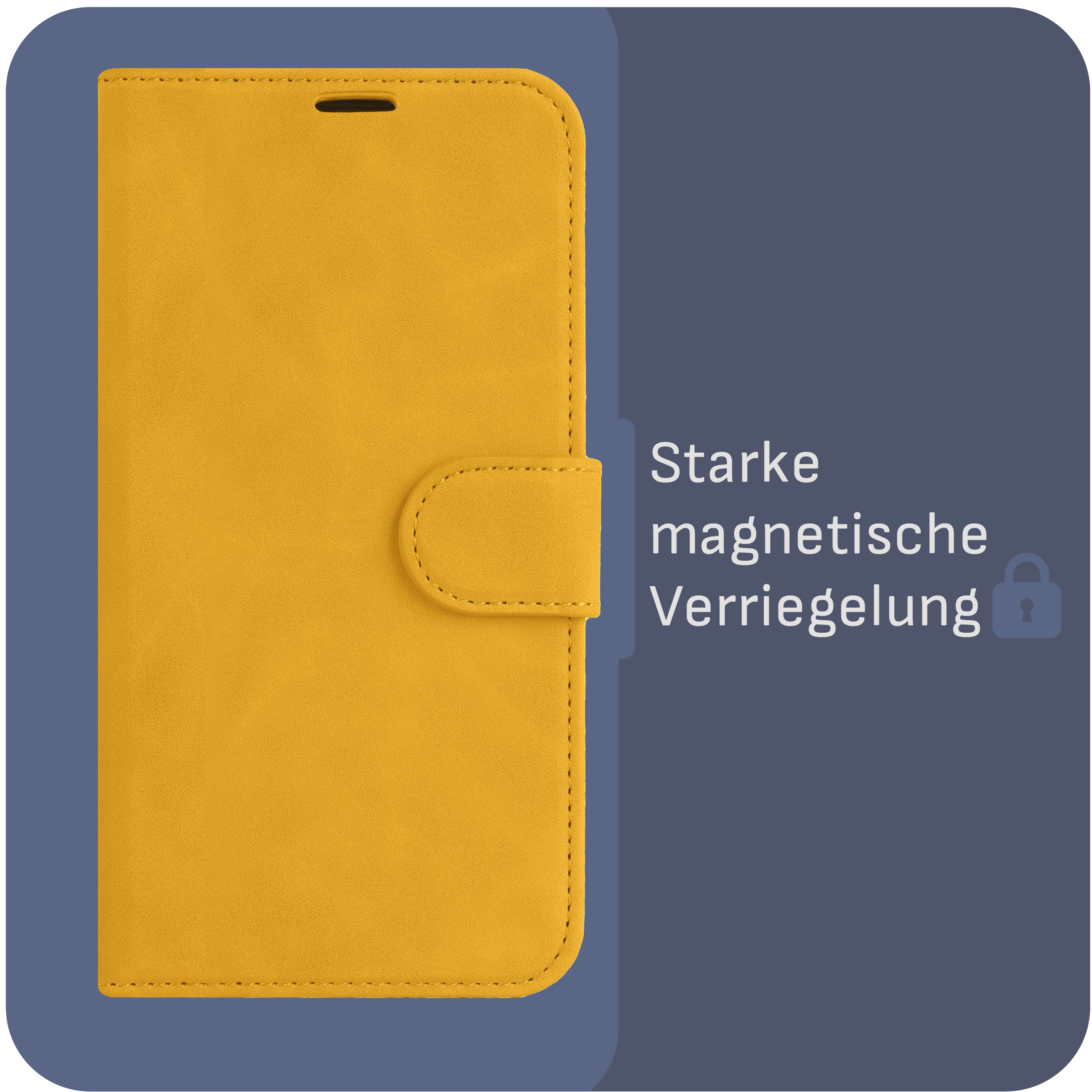 Senfgelbe Handyhülle mit Knopfverschluss. Text: Starke magnetische Verriegelung.