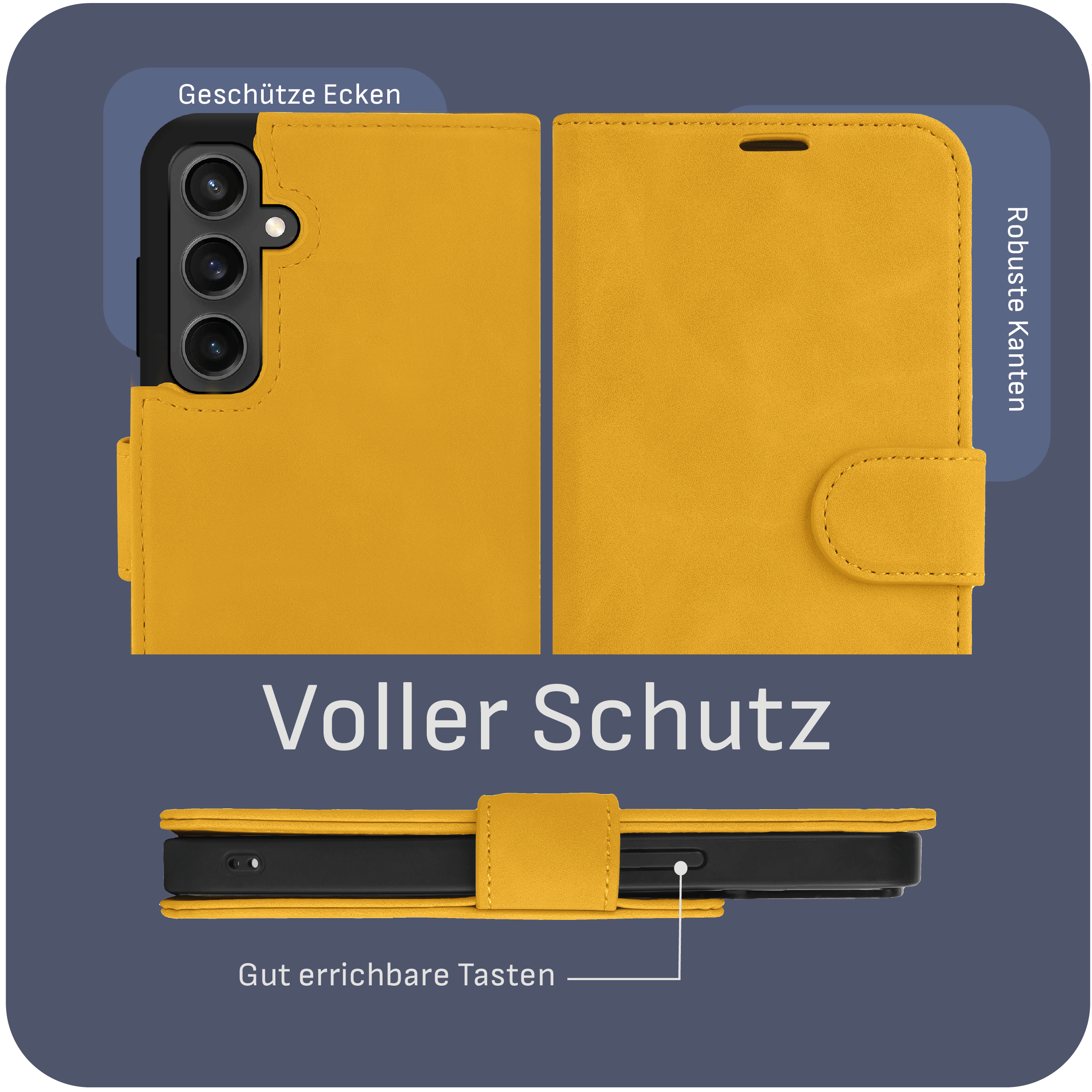 Eine gelbe Handyhülle, die Vorder-, Rück- und Seitenansicht zeigt, mit den Labels: robuste Kanten, voller Schutz, geschützte Ecken.