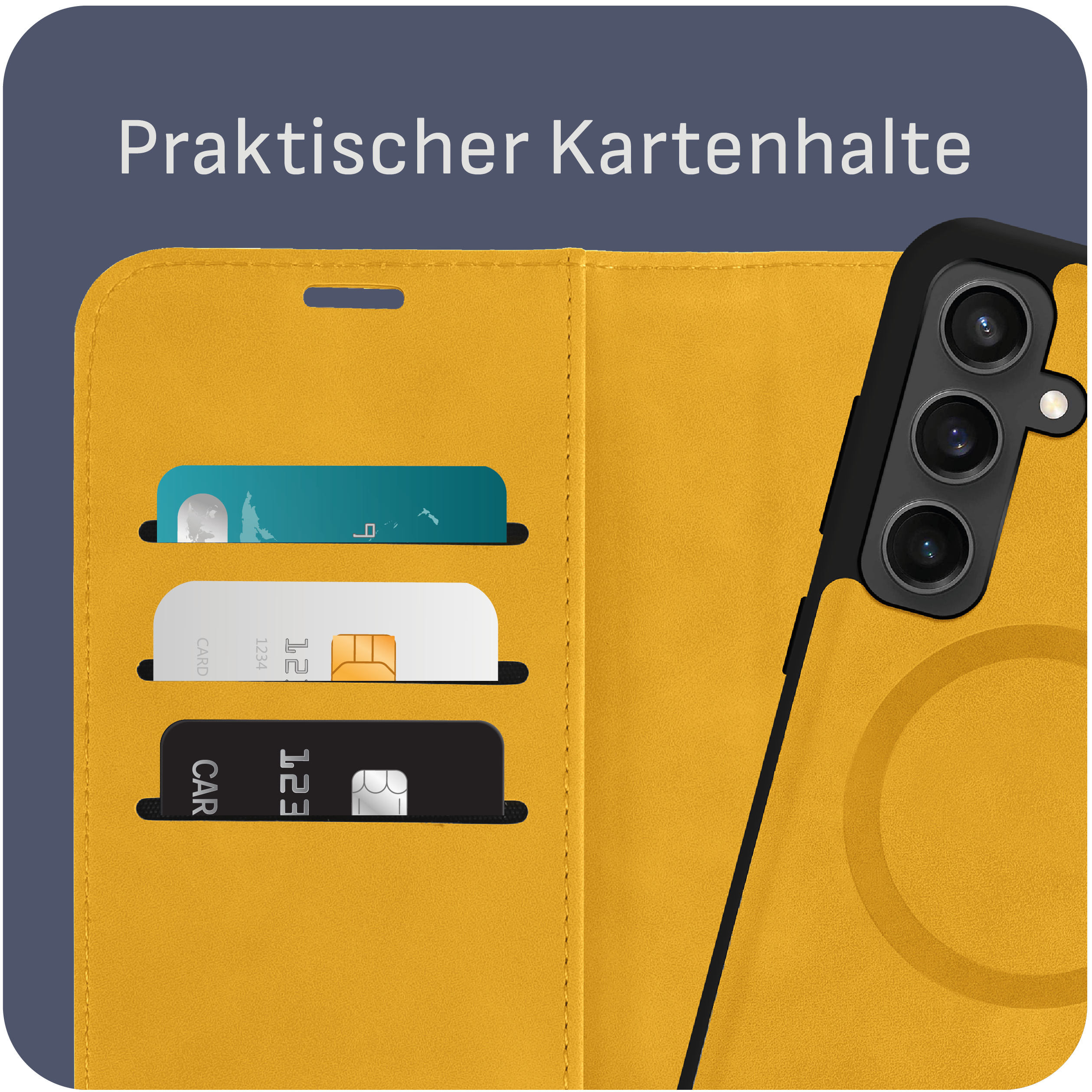Eine gelbe Handyhülle mit Kartenfächern, in denen Kreditkarten stecken. Text 