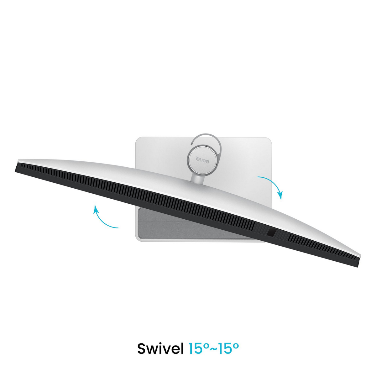 Srebrny monitor komputera, pochylony pod kątem. Ekran jest czarny, a podstawa szara.