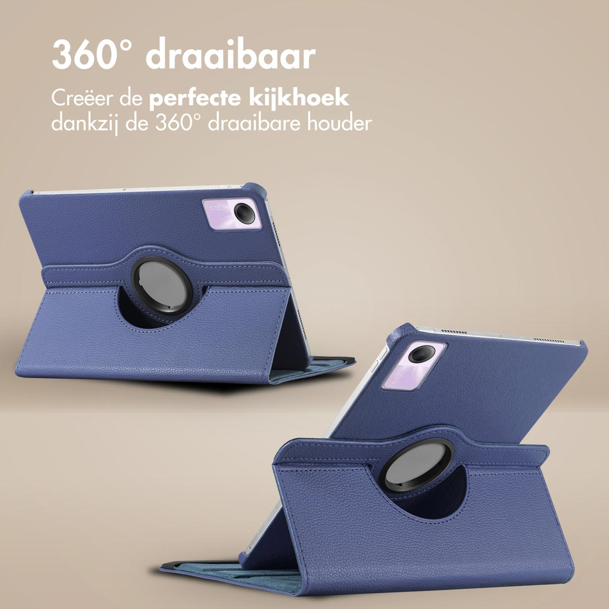 A blue tablet case with a tablet inside, shown open, and closed.