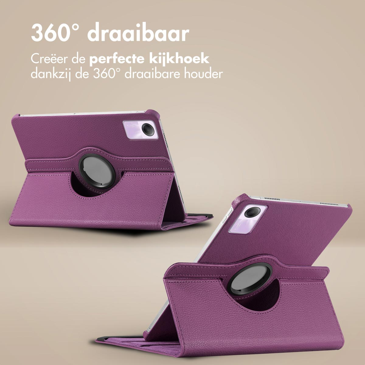 Purple tablet case, two views. Tablet in case, ring stand. Text in Dutch.