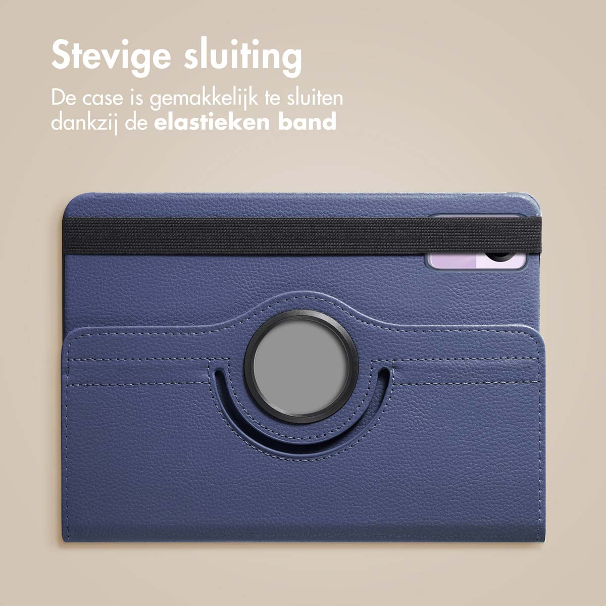 A blue tablet case with a black elastic band and a tablet inside. The case is closed.