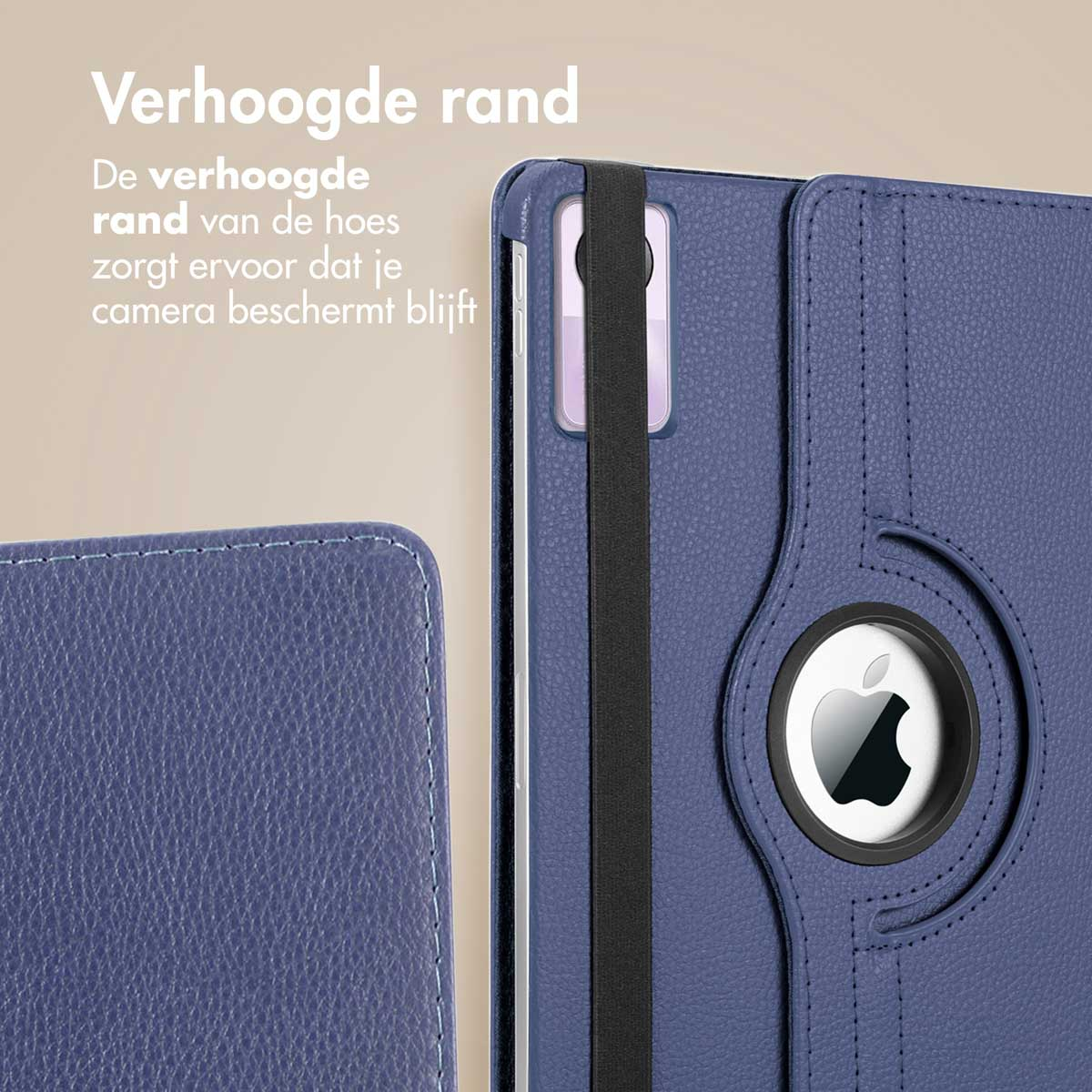 Dark blue tablet case with rotating stand. Apple logo visible. Beige background.