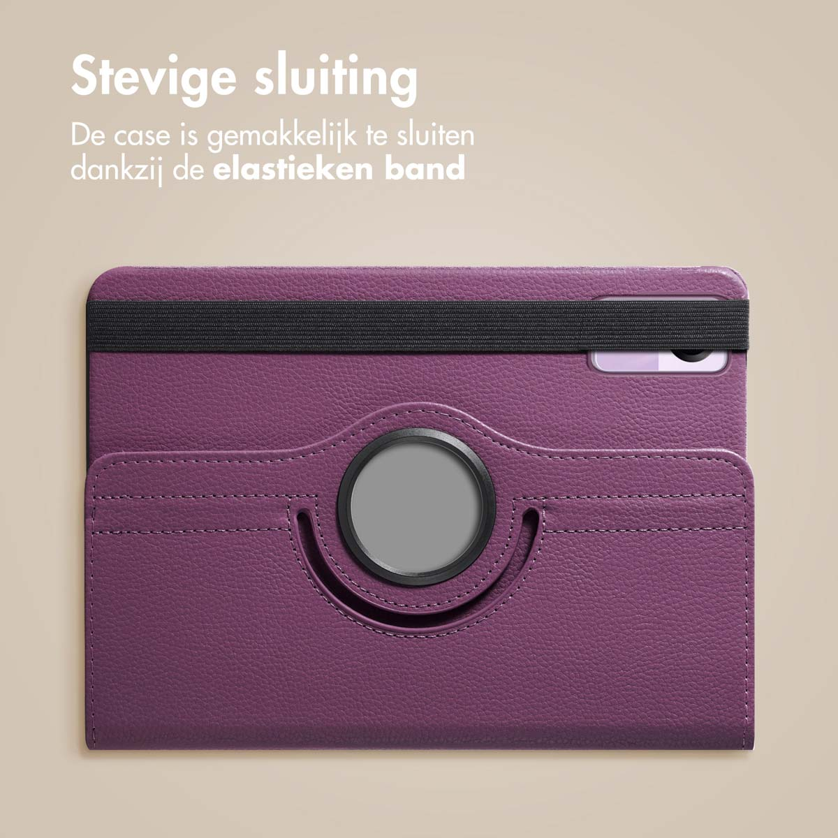 Purple tablet case with black elastic band. Text: Stevige sluiting. Case is made of leather.