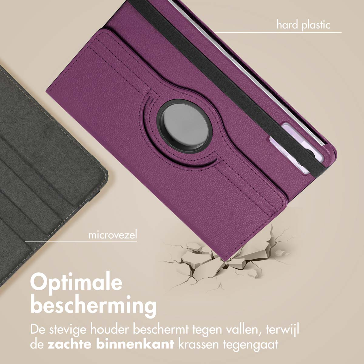 A purple tablet case with a black strap and a dark grey case piece, against a cracked surface.