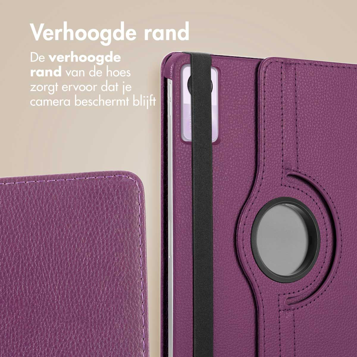 Purple tablet case with rotating stand. Apple logo visible. Beige background.