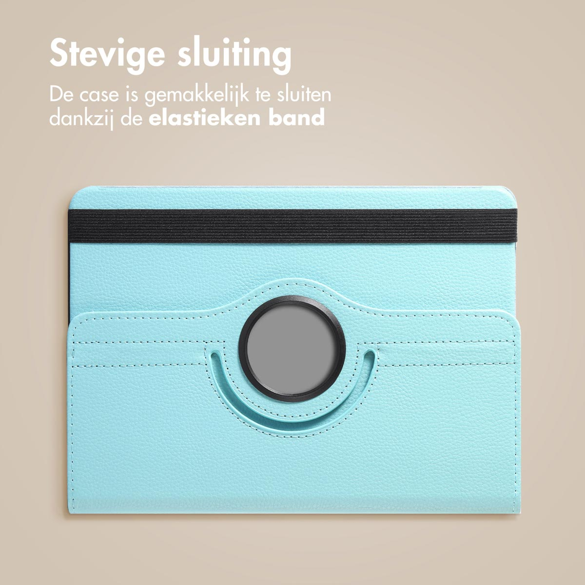 Blue tablet case with an elastic band, the case is easy to close.