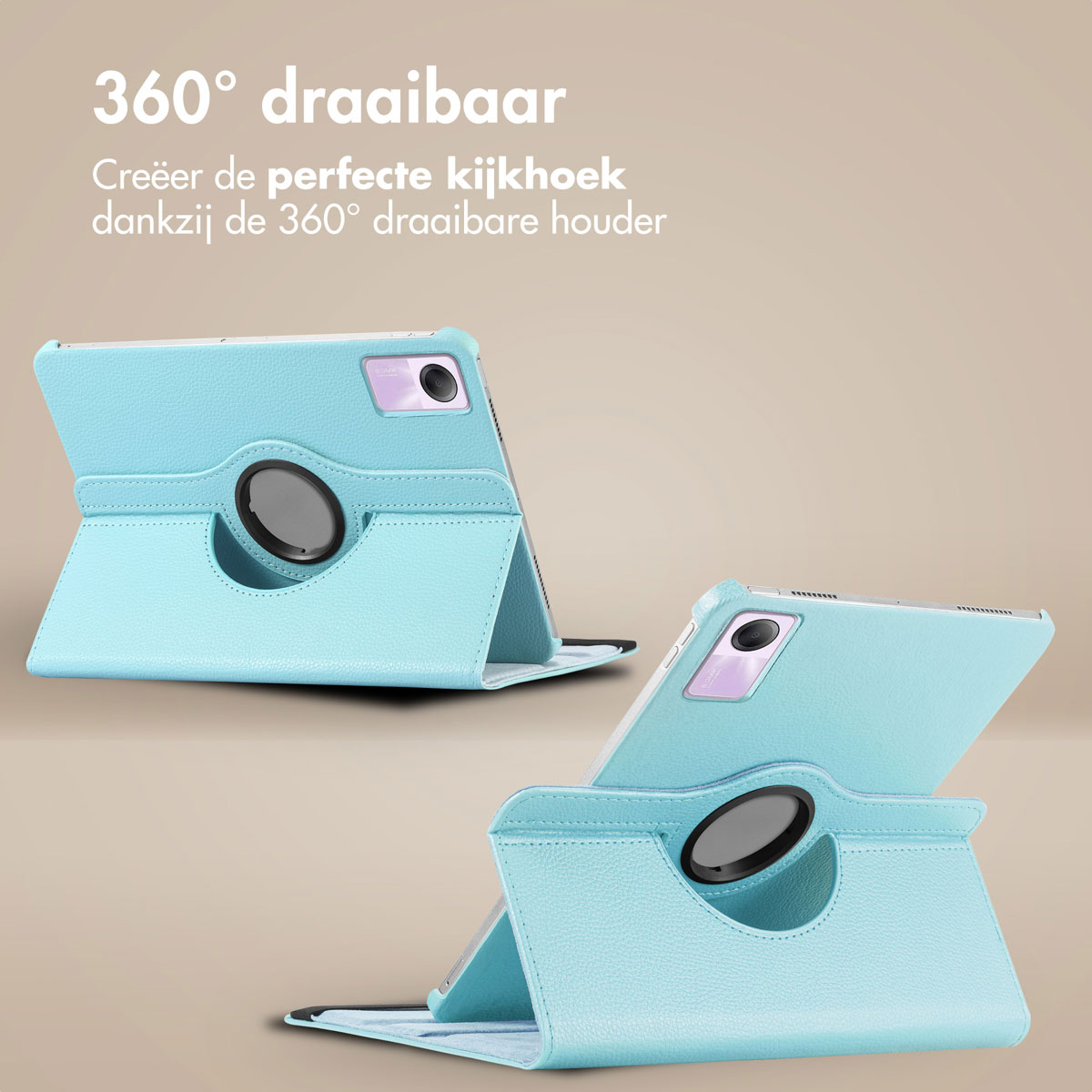 Blue tablet case, two views. Tablet in case, ring stand. Text in Dutch.