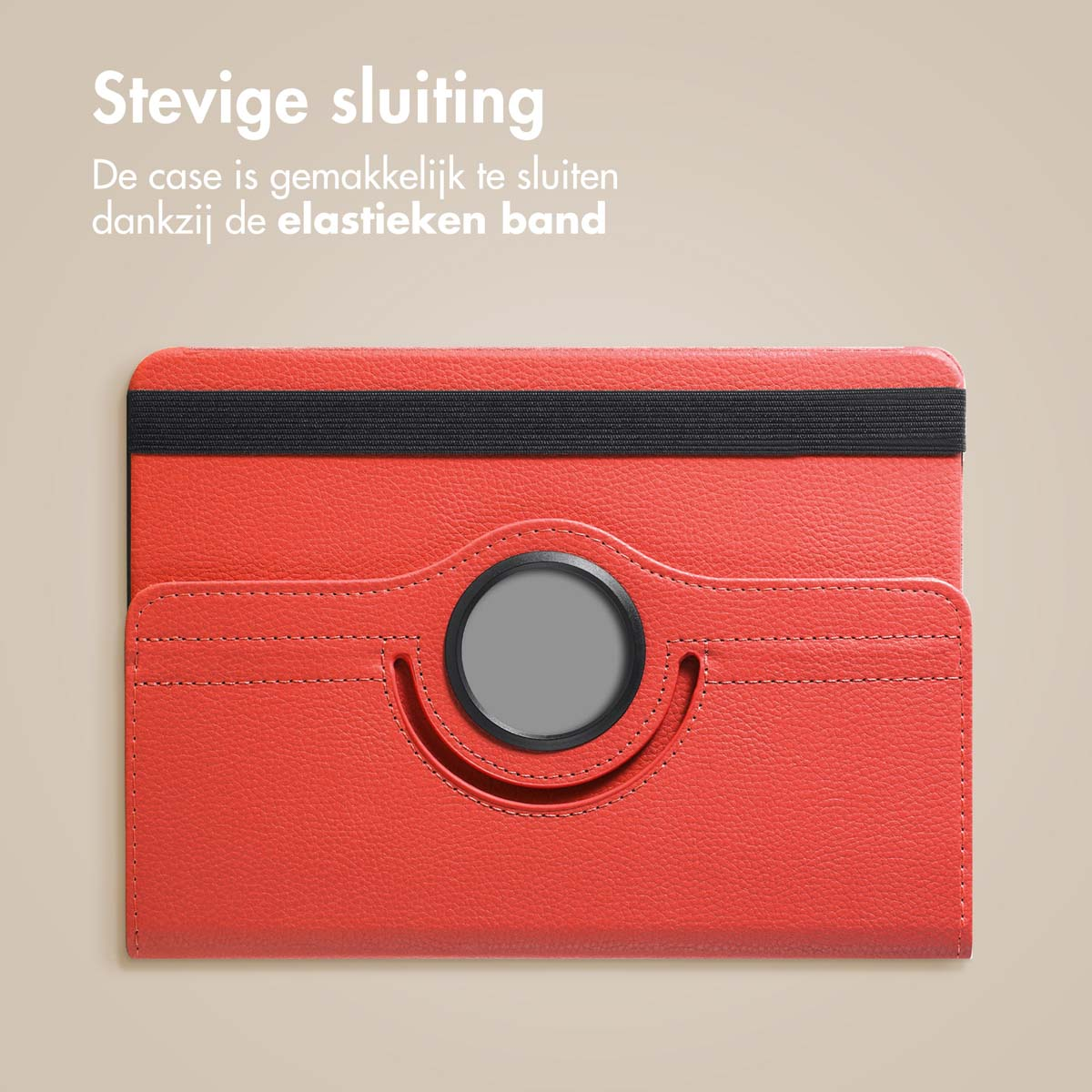 Red tablet case with black elastic band, a round camera cutout, and a card slot.