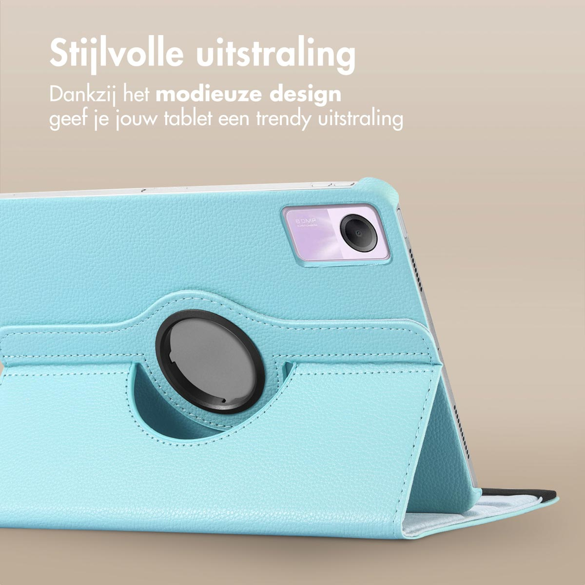 Blue tablet case with a tablet inside. The case gives the tablet a trendy look.