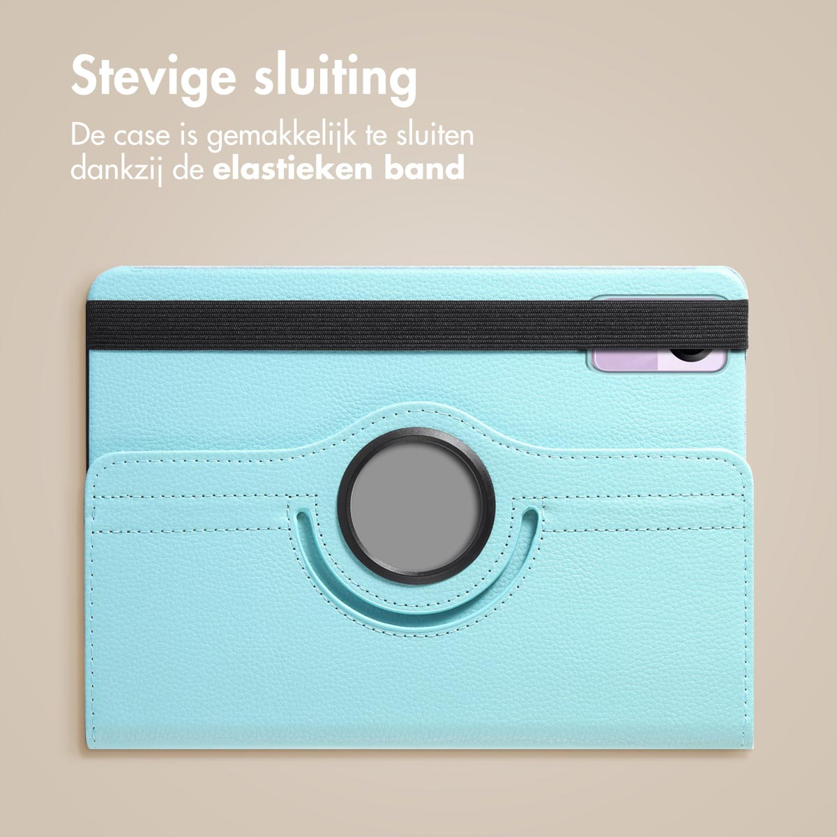 A light blue tablet case with an elastic band, open to show the screen.