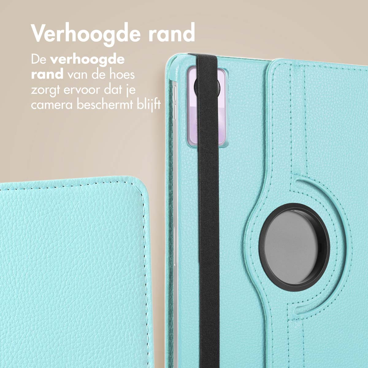 A teal tablet case with a tablet inside, shown open.