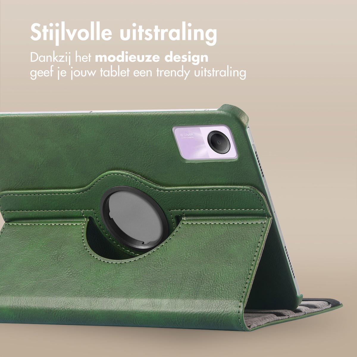 Green tablet case with a black elastic band, open to show the screen. The case is on a light background.