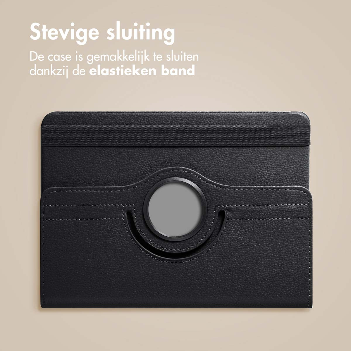 Black tablet case with an elastic band. The text 'Stevige sluiting' is visible.