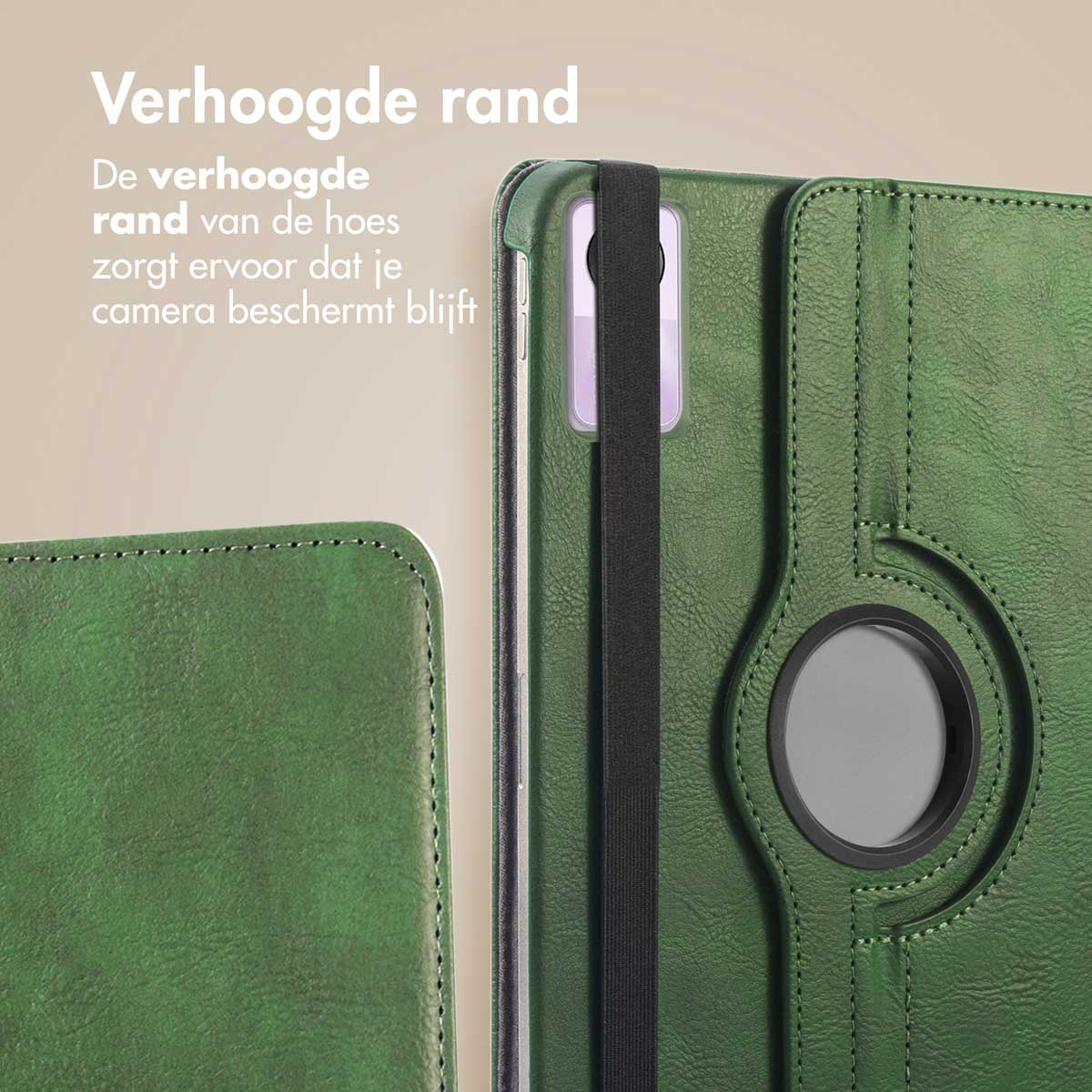 Green tablet case detail. Raised edge, black elastic band. Dutch text.
