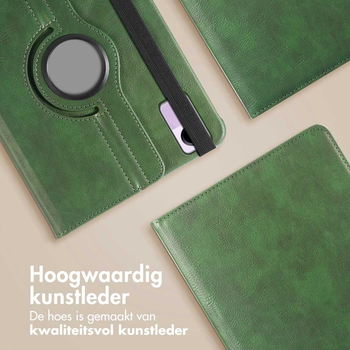 Green leather tablet case with cutouts, a black elastic band, and a tablet inside.
