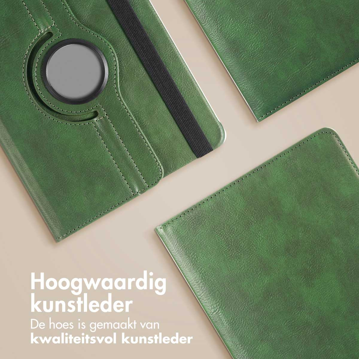 A green tablet case with a black strap, against a light background, with the top part of the case.