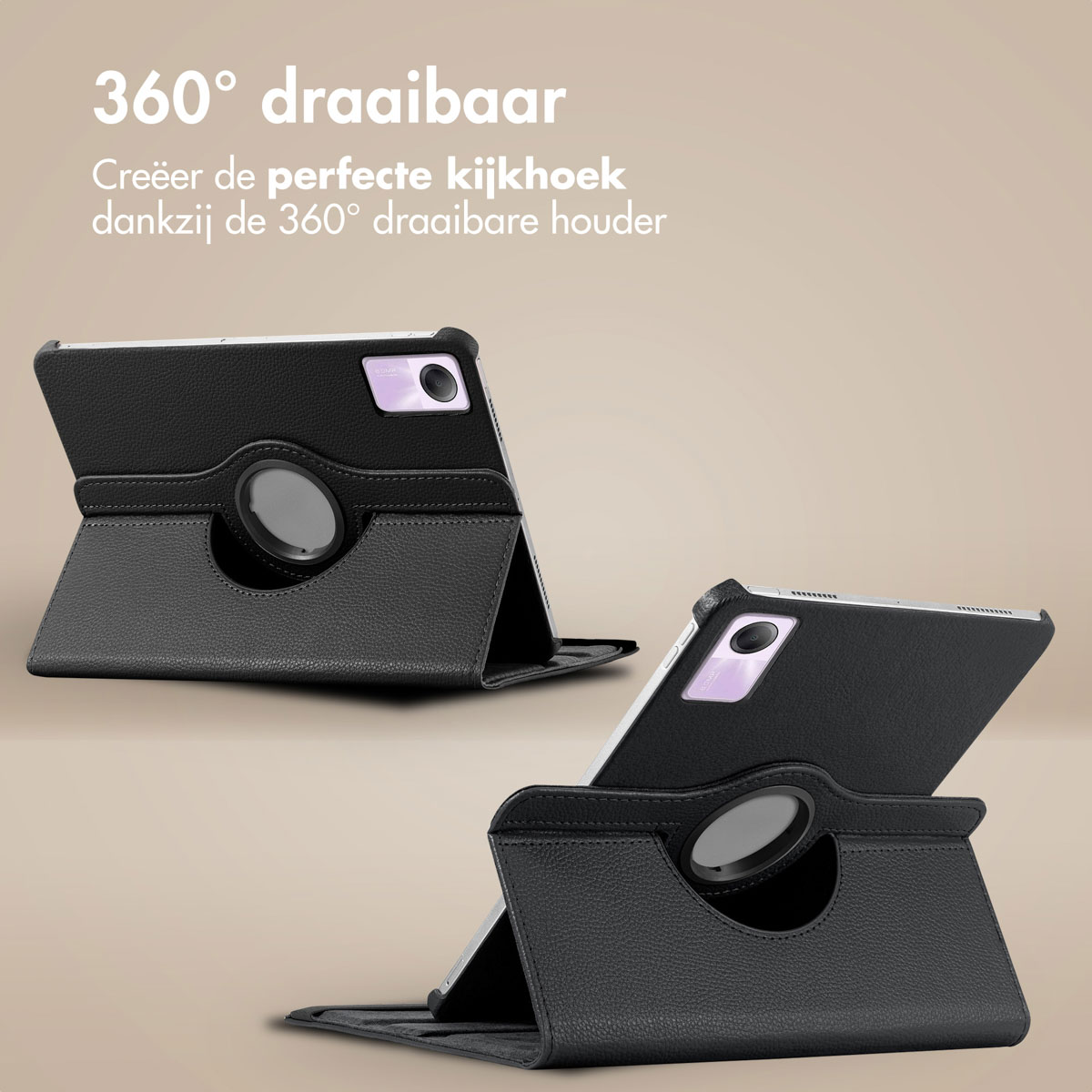 Two black tablet cases in different positions. They have a circular cutout and a black elastic band.