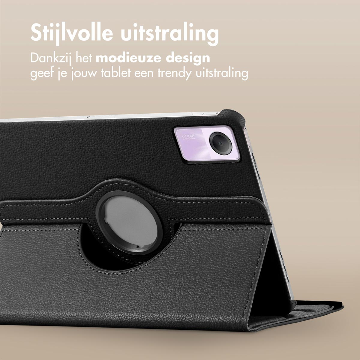 Black tablet case with a tablet, a round camera cutout, and a foldable design.