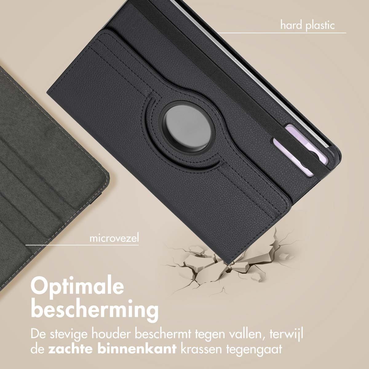 Tablet case, black, with an open design, with text in Dutch: 'Optimale bescherming'.